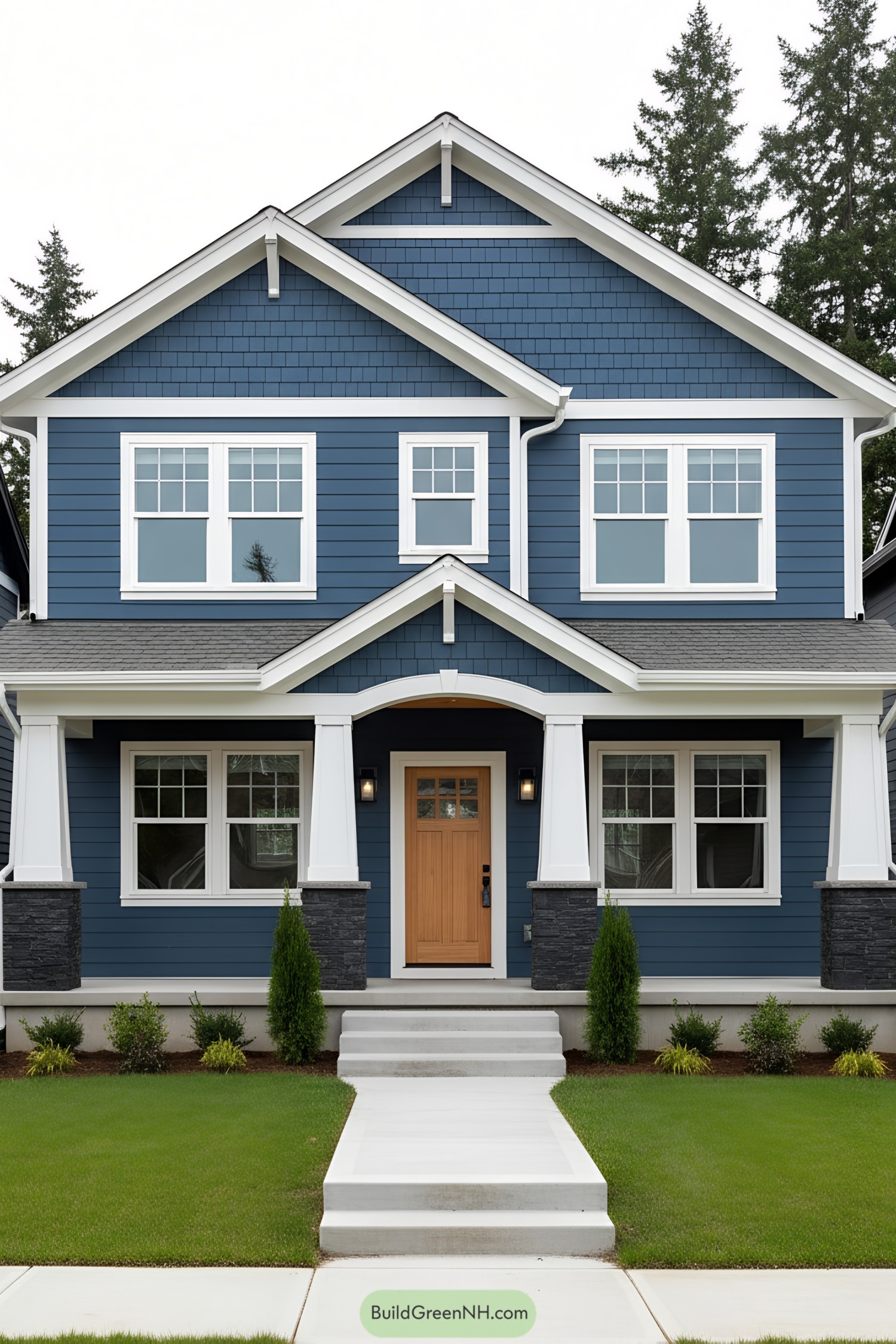 Blue Craftsman house with white trim and a natural wood door