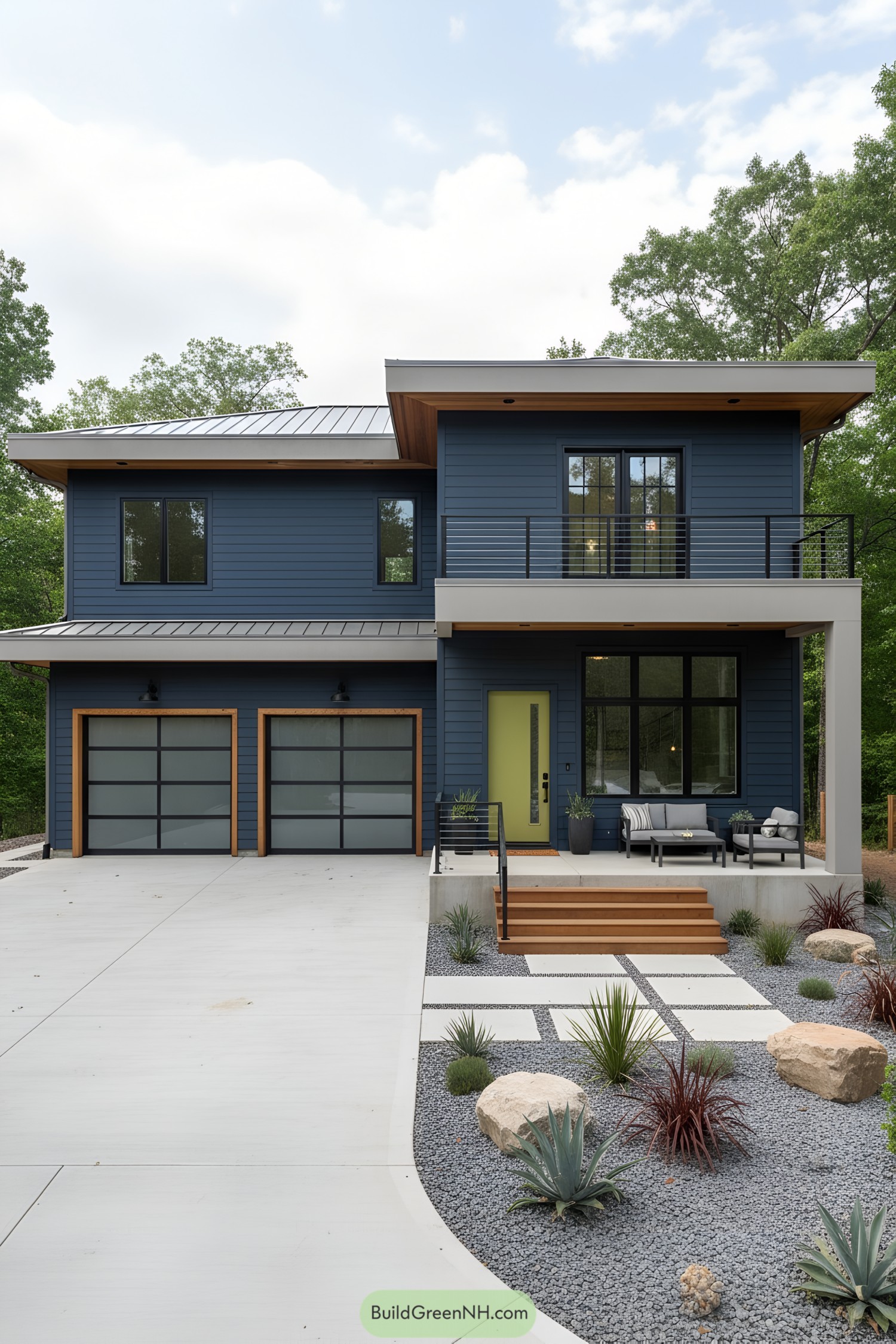 Modern navy two-story with lime door, balcony, and xeriscape yard