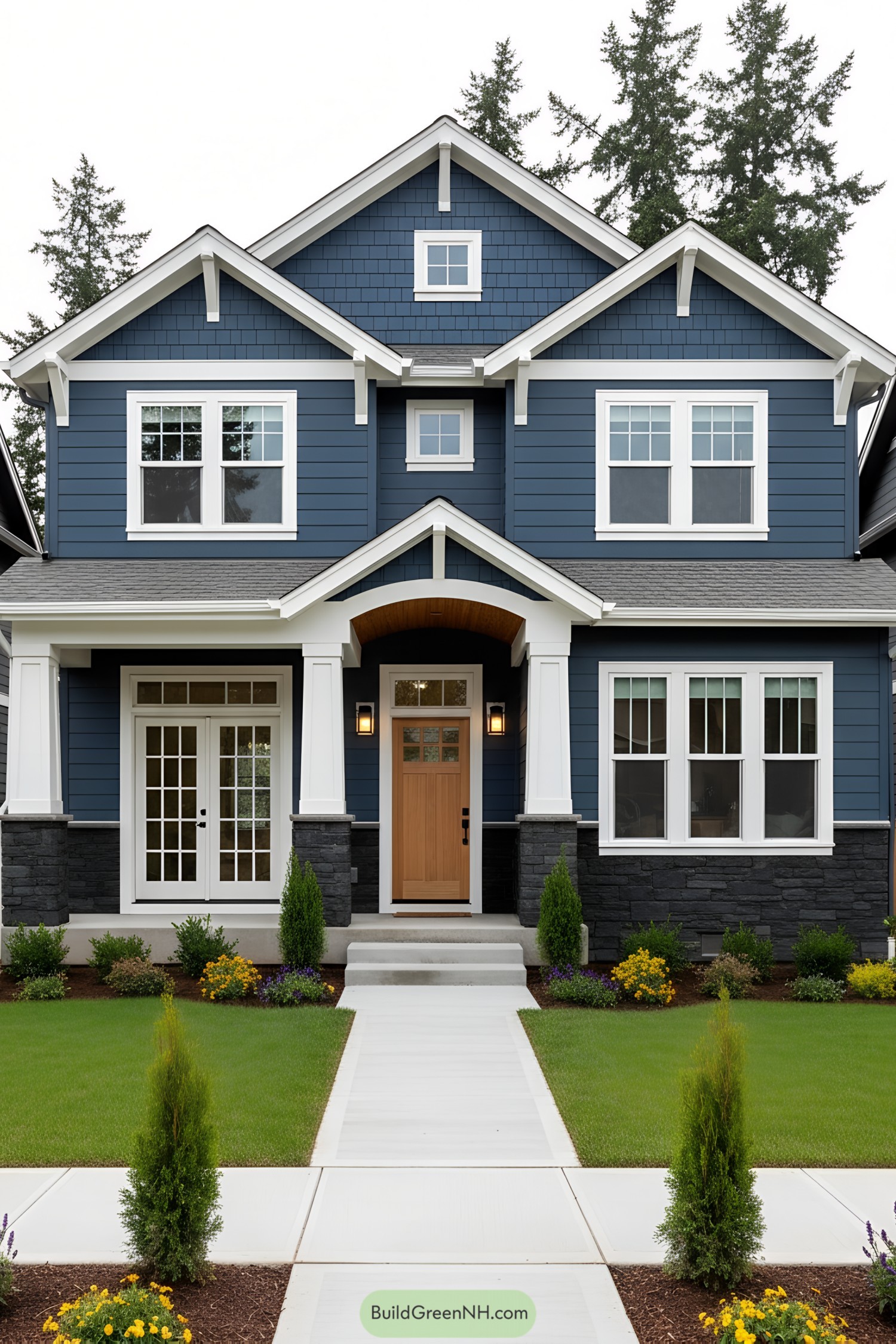 Blue craftsman house with white trim and light wood door