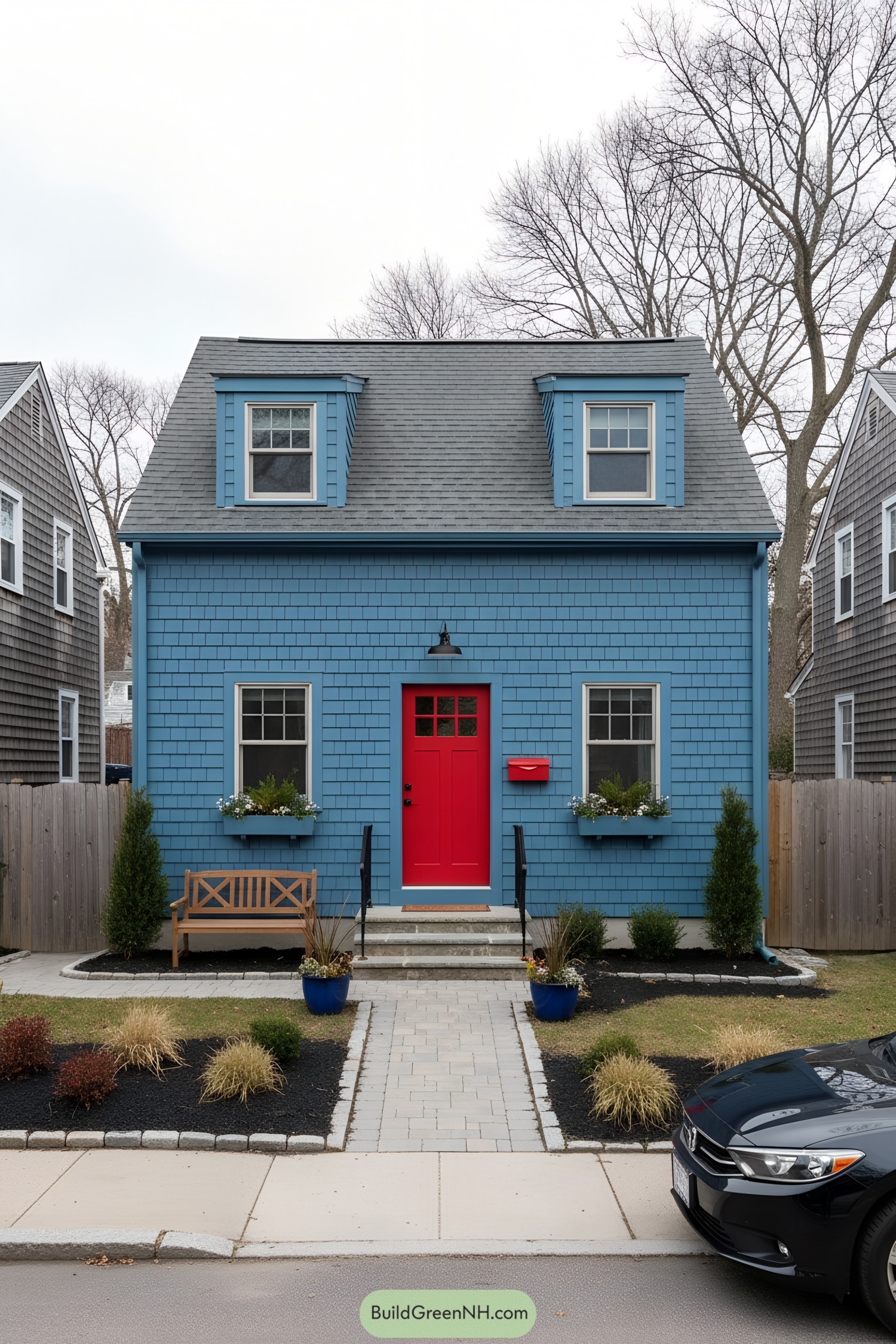 Blue shingle cottage with red door and window boxes