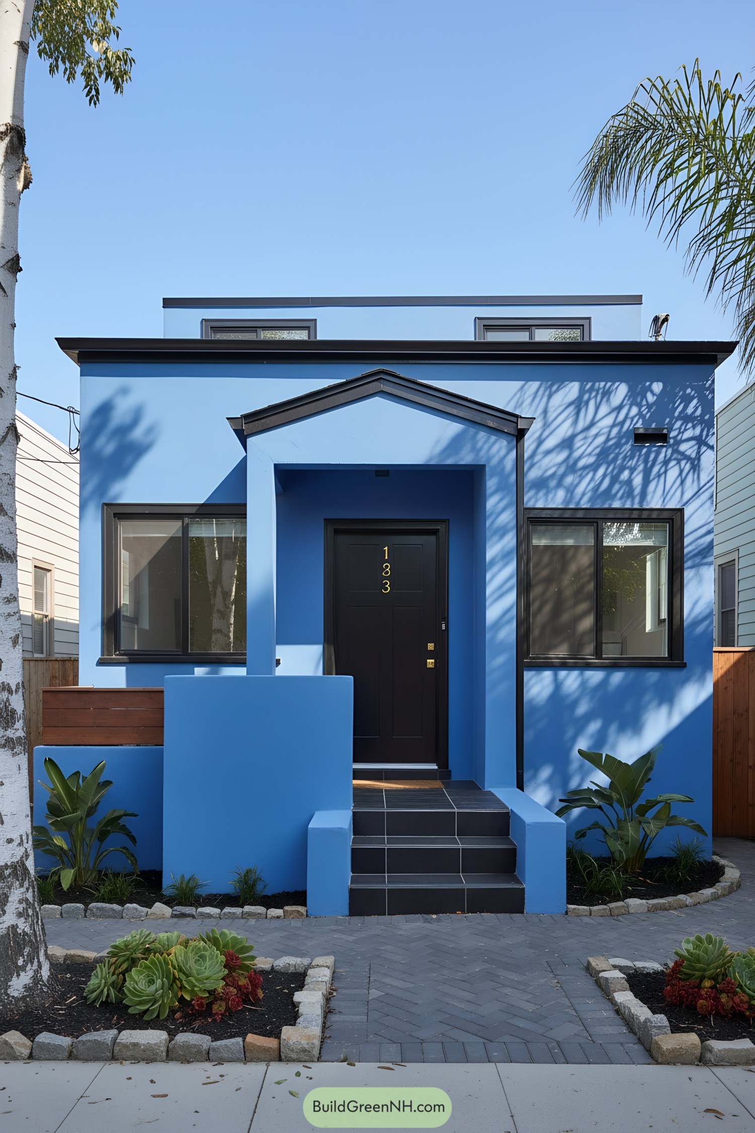 Bright blue modern house with black door and trim
