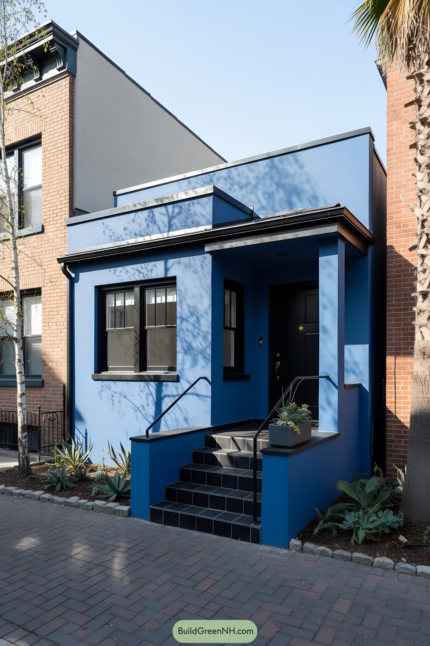 Compact blue rowhouse with black trim and steps