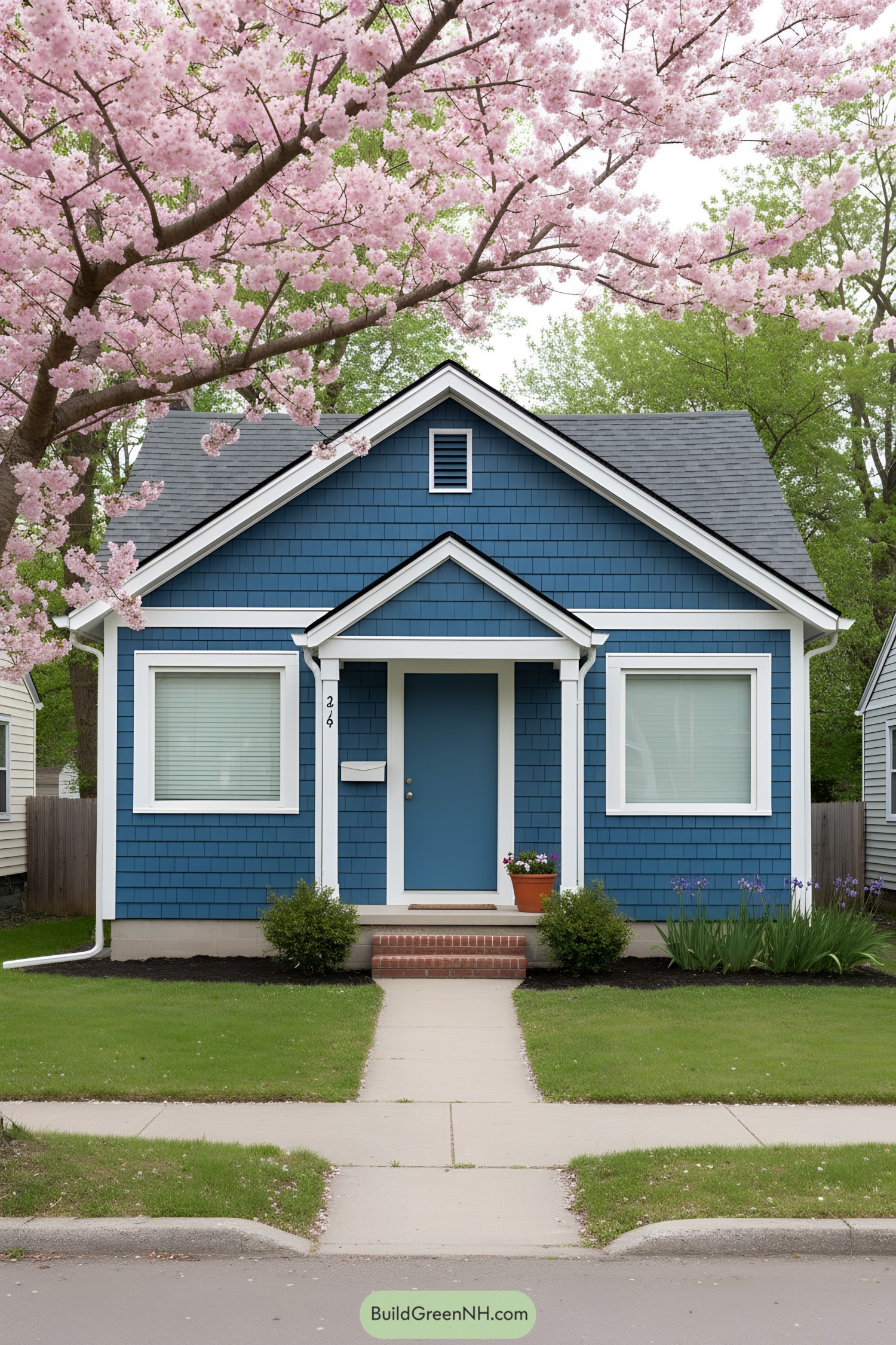 Blue shingle cottage with white trim and gable porch