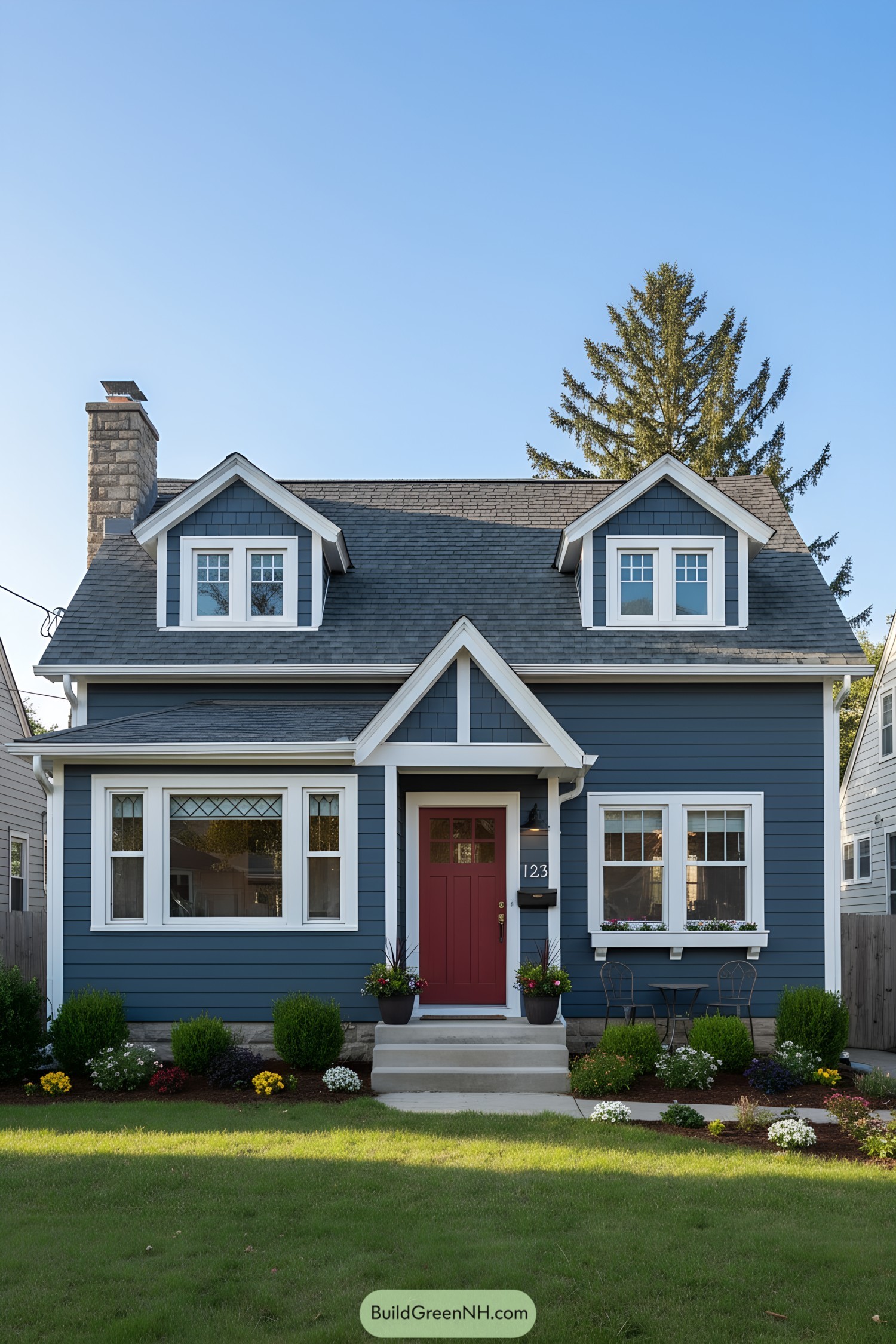 Blue clapboard house with white trim, dormers, and red door