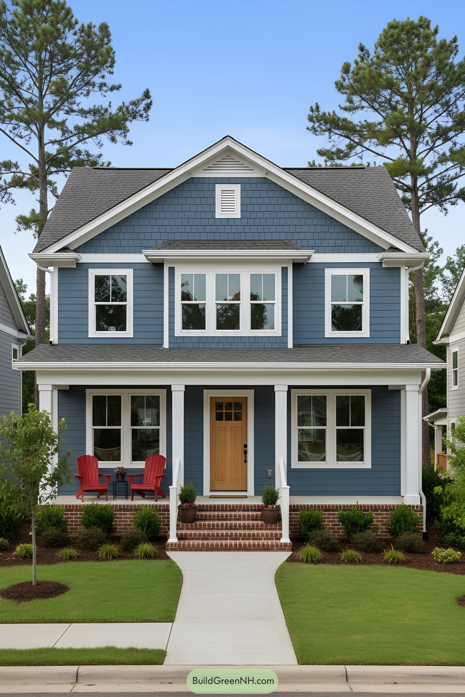 Blue two-story house with white trim and a natural wood door
