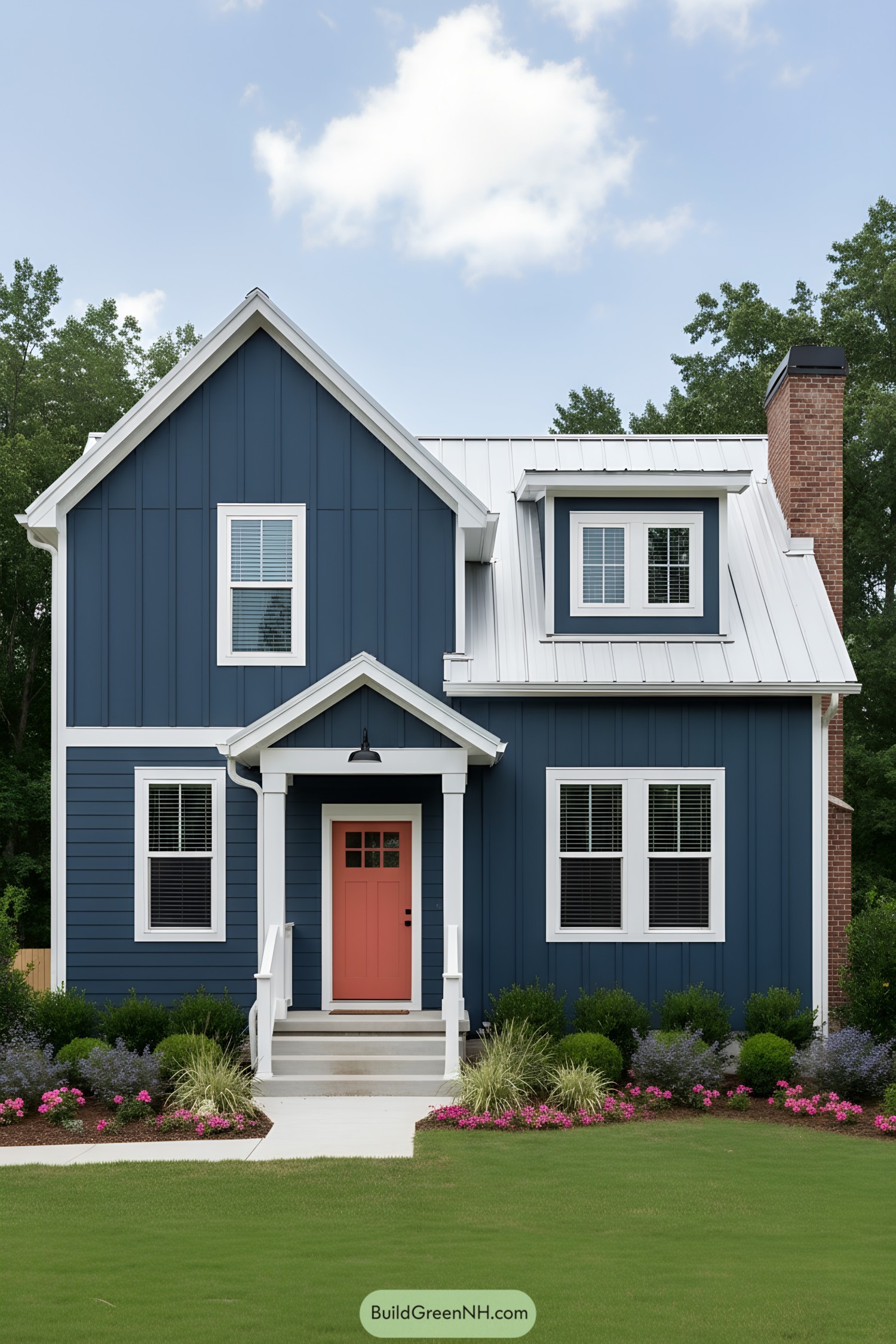 Blue house with white trim and coral door