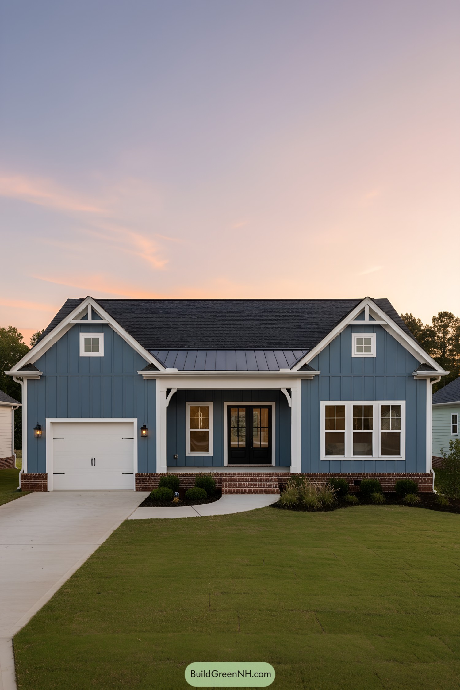 Blue board-and-batten ranch with brick base and front porch