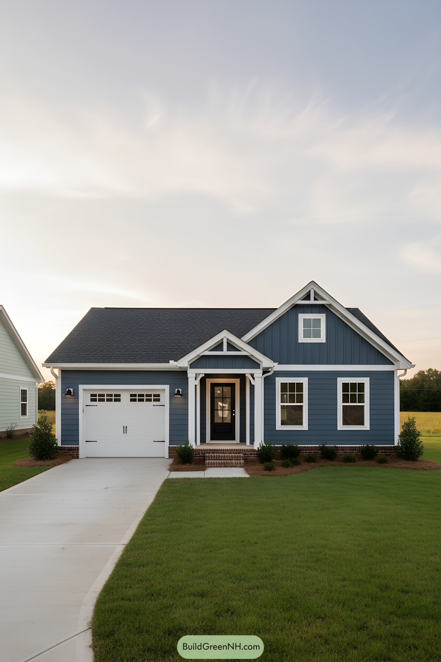 Blue ranch house with white trim and single garage