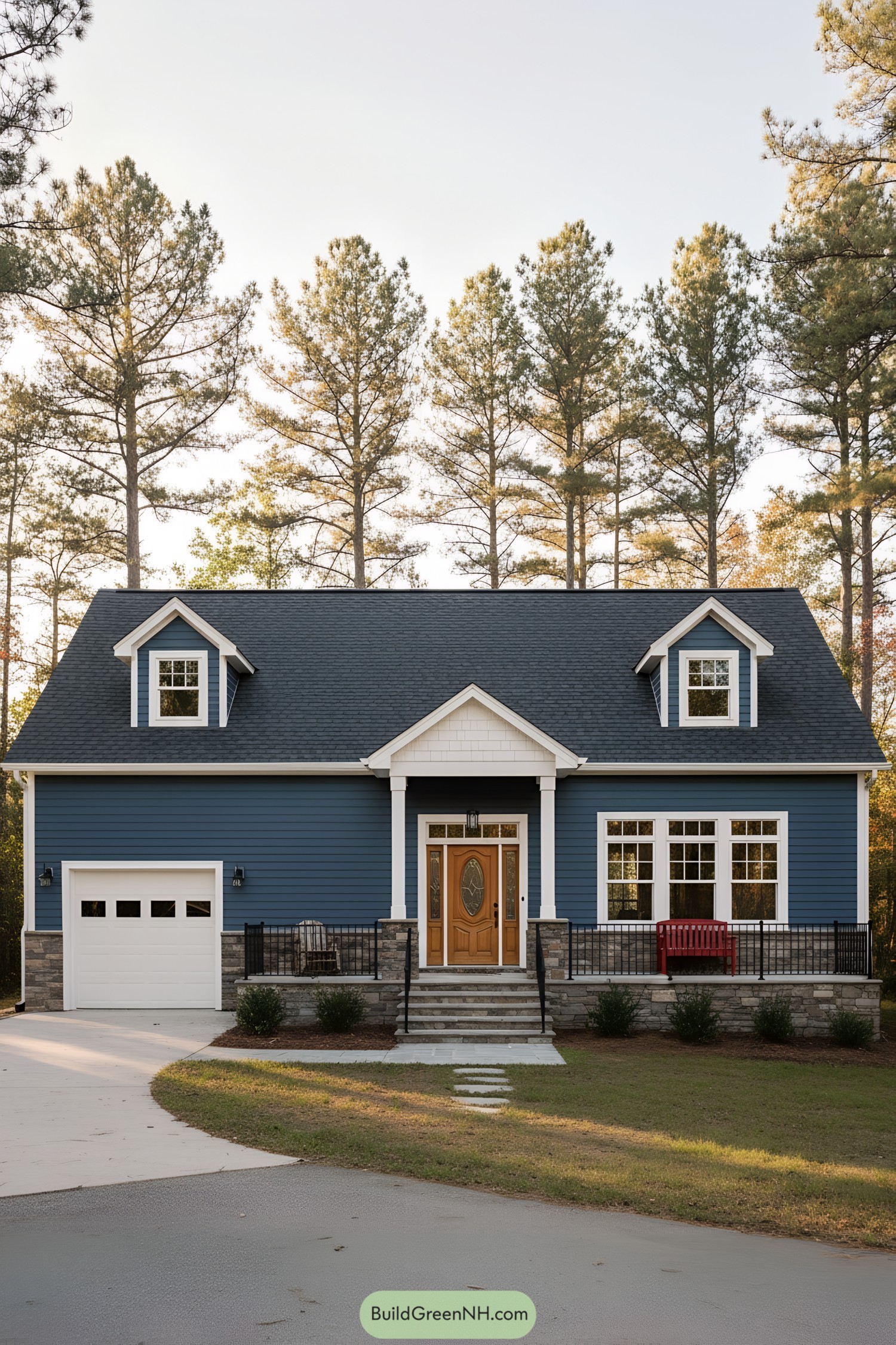 Blue clapboard ranch with dormers stone base and warm wood entry