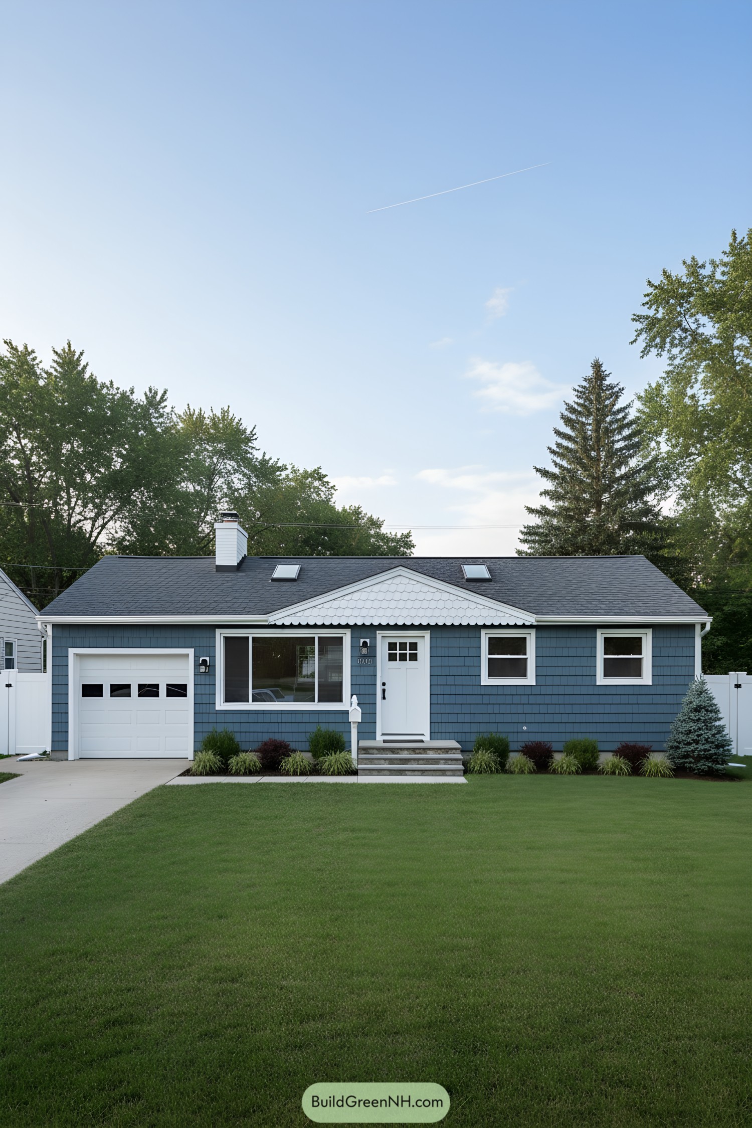 Blue shingle ranch with white trim and scalloped gable