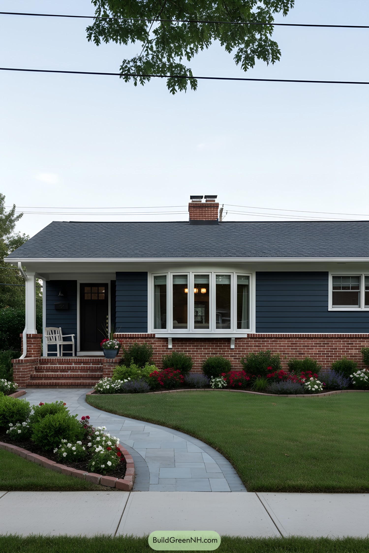 Blue ranch house with bay window and brick base, curved walkway, and tidy garden beds