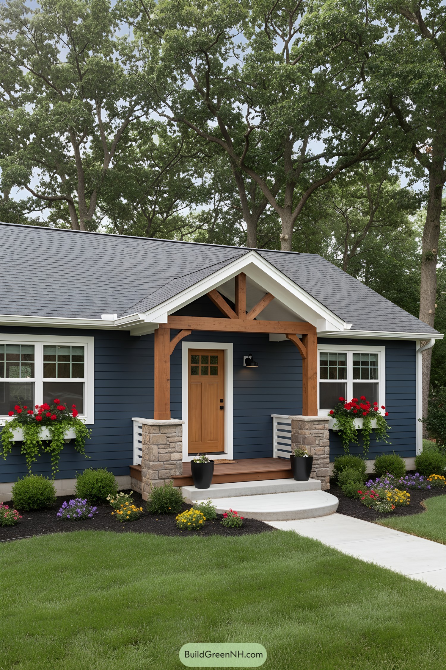 Blue ranch with timber gable porch and stone piers, flower boxes, and manicured lawn