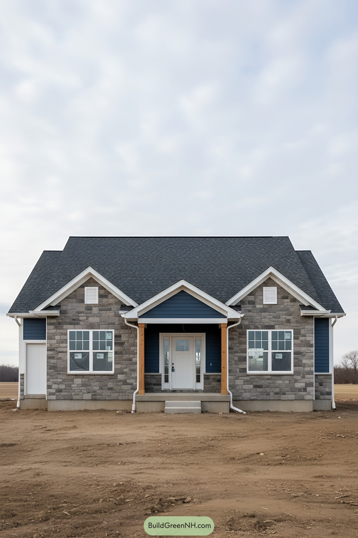Blue and stone ranch with gabled porch