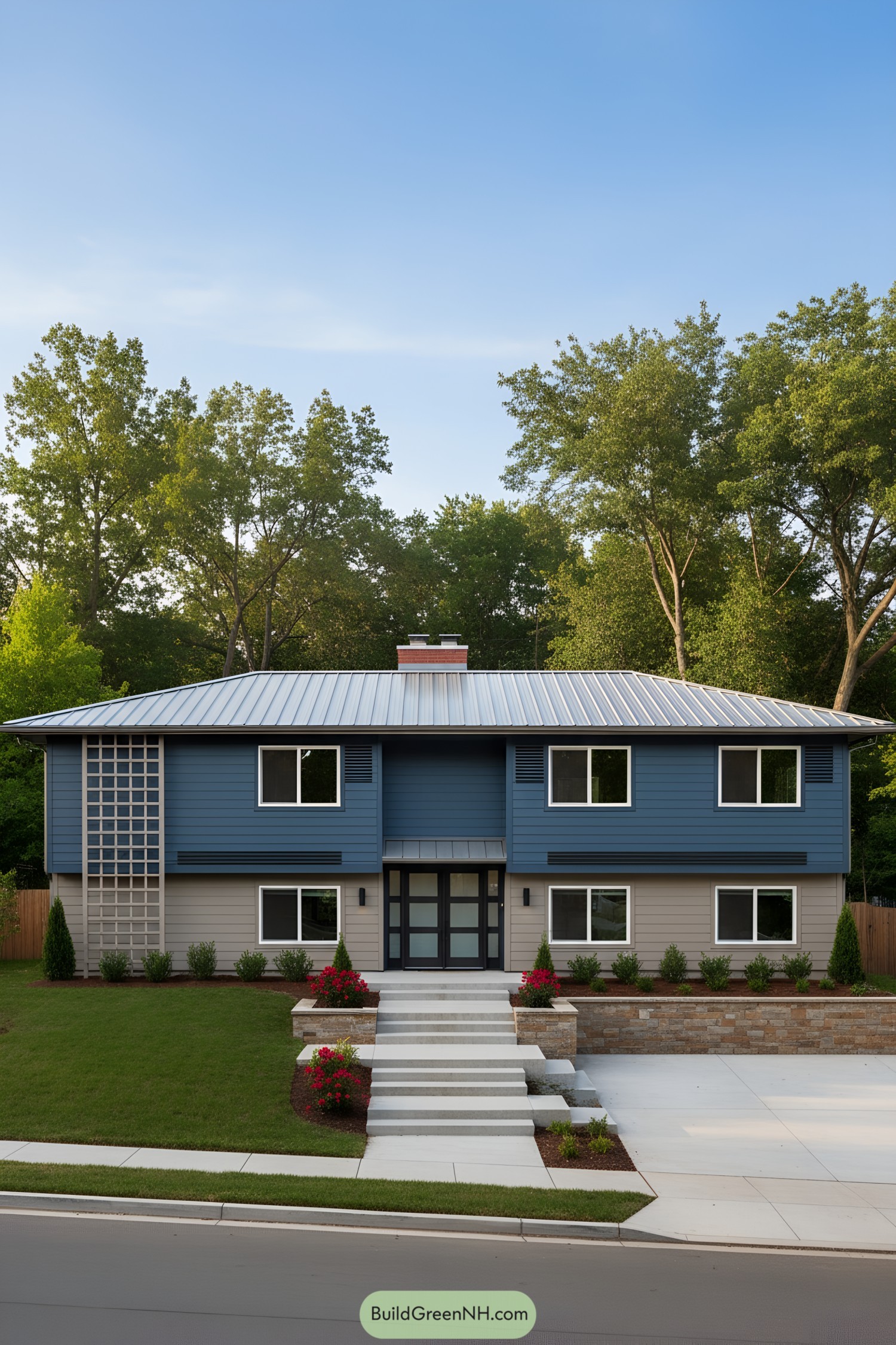 Two-tone blue split-entry ranch with metal roof, central glass-door entry, and lattice accent at left