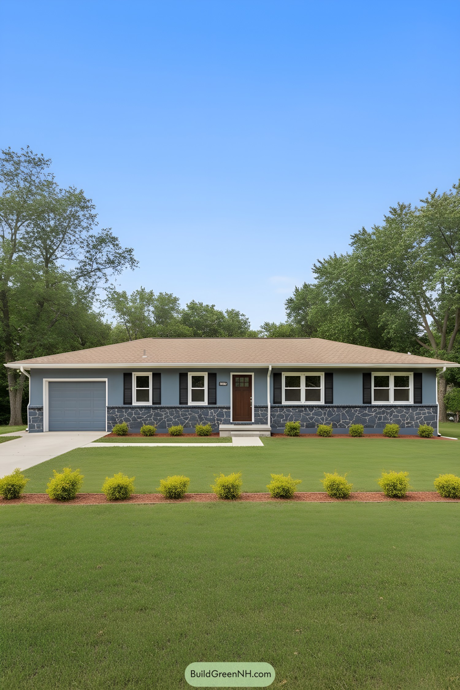 Blue ranch home with stone skirt and shutters