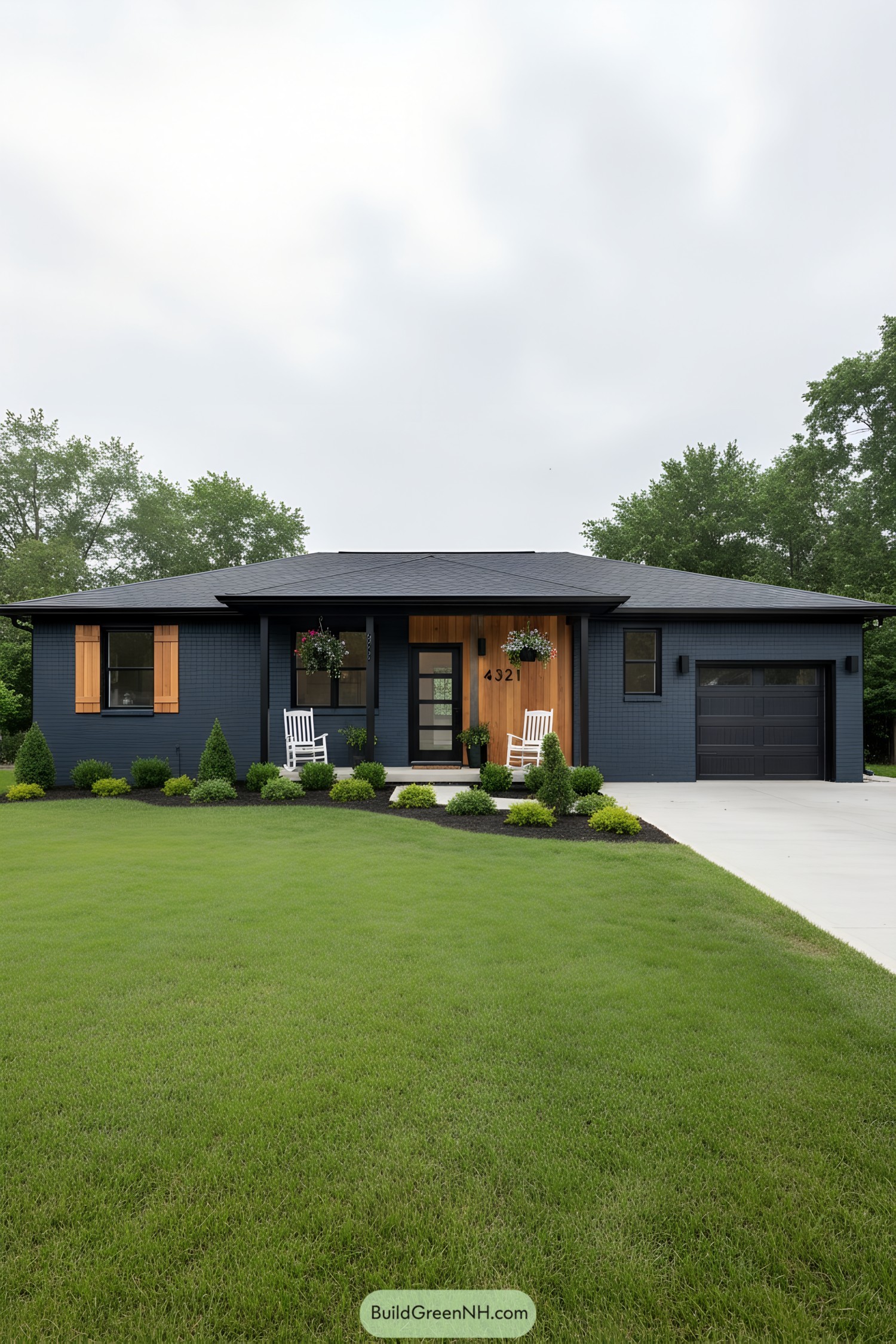 Navy brick ranch with warm cedar siding and modern porch
