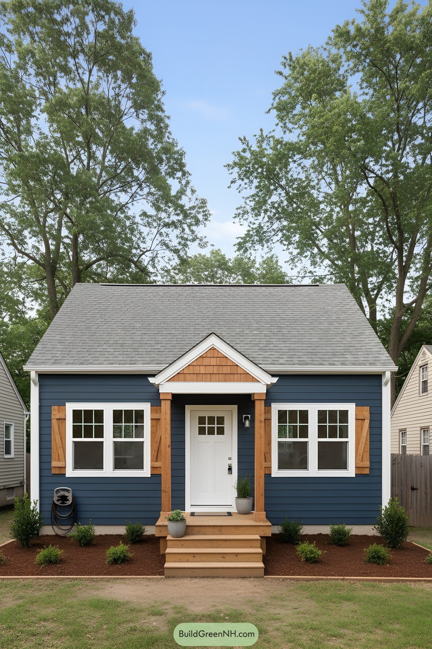 Small blue ranch with cedar trim and white door. Symmetrical facade with twin windows, wood shutters, and a petite gabled porch