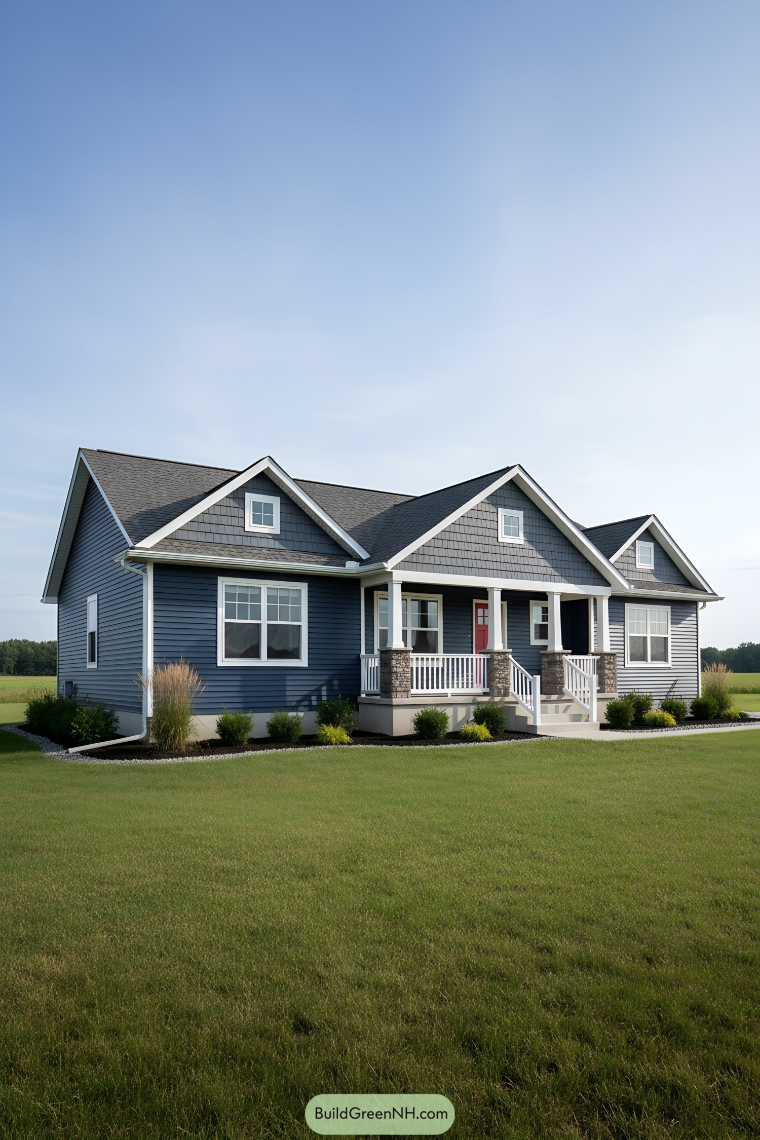 Blue ranch house with gabled porch and red door