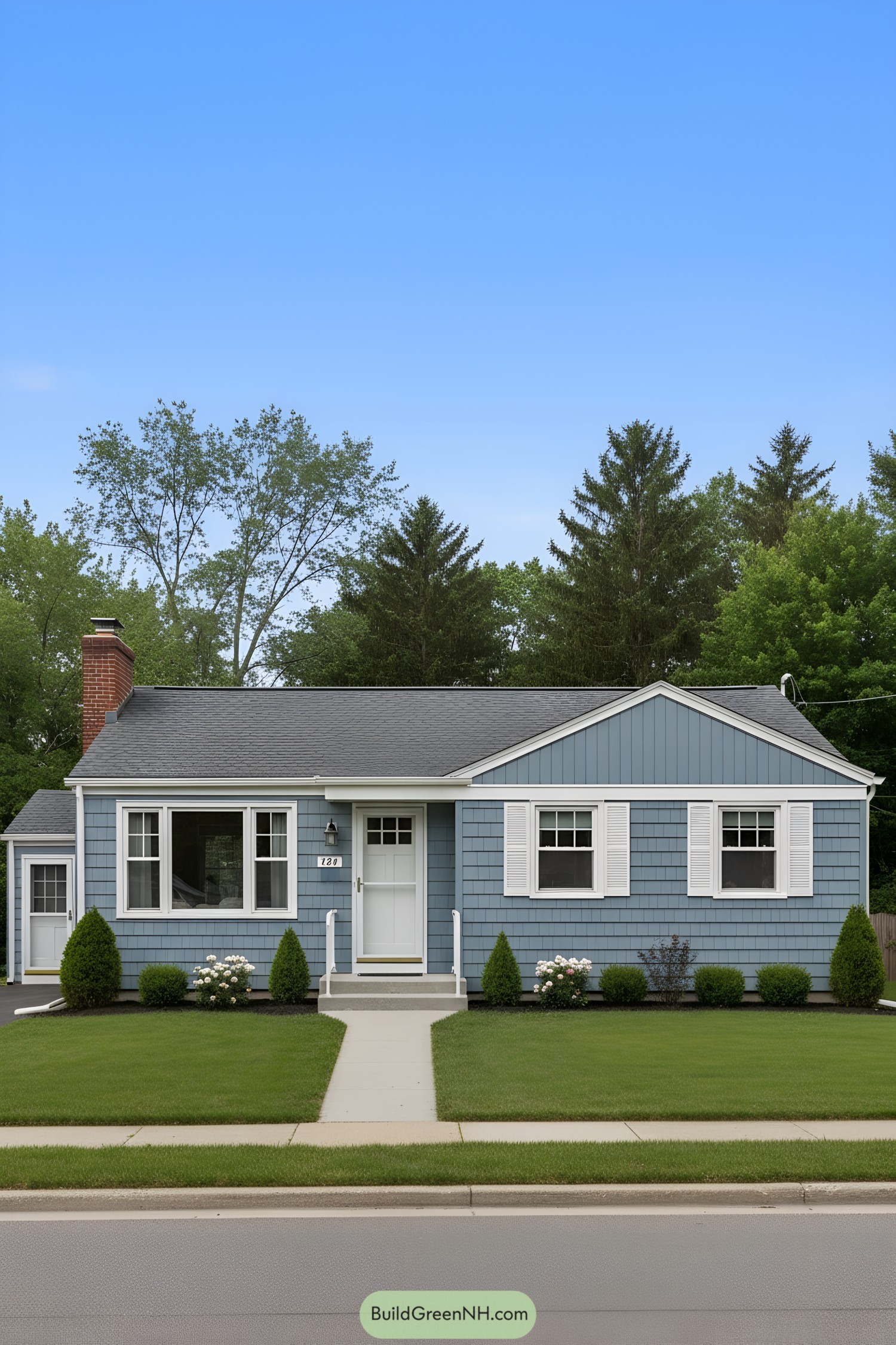 Blue ranch house with white shutters and gable