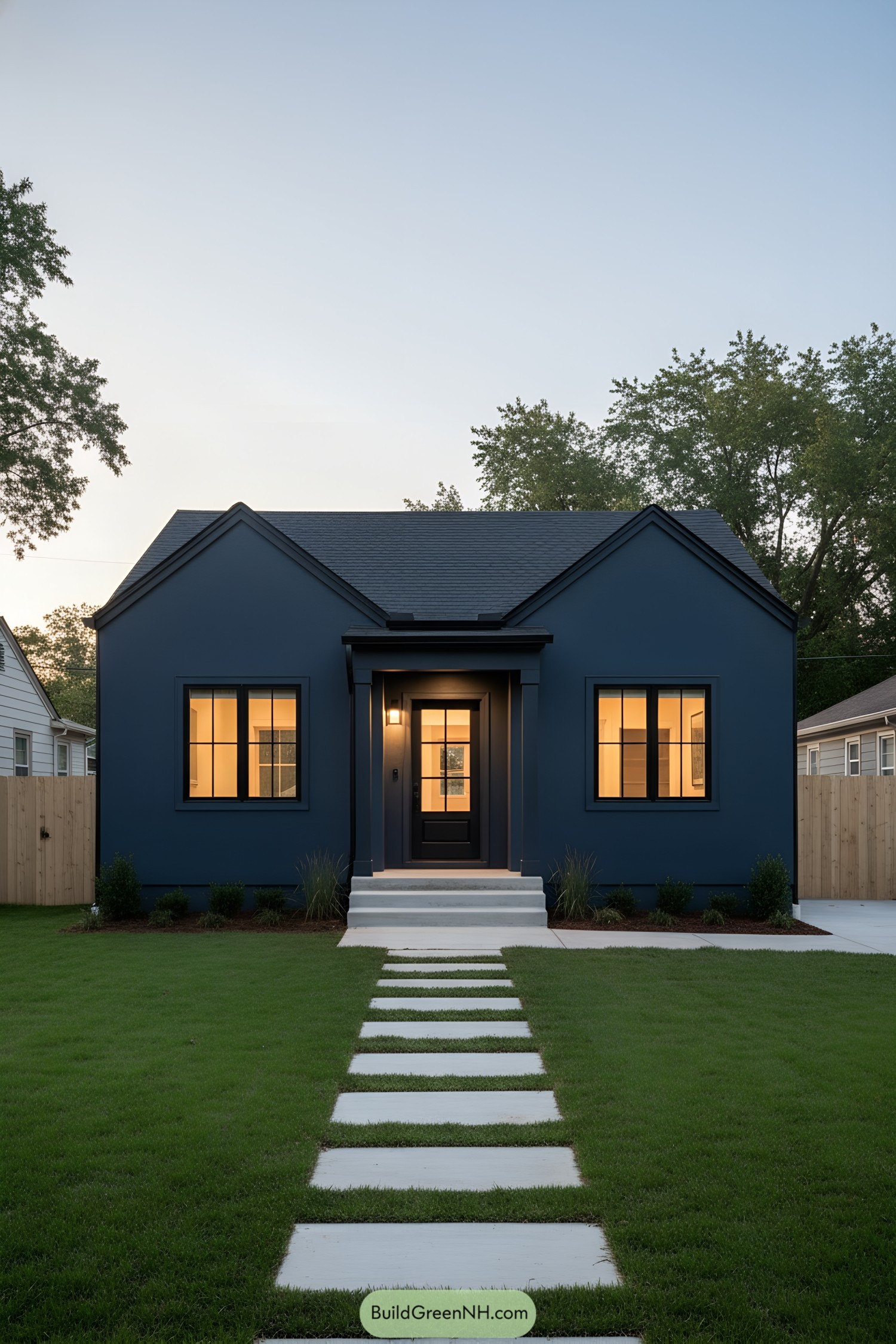 Dark blue ranch with warm windows