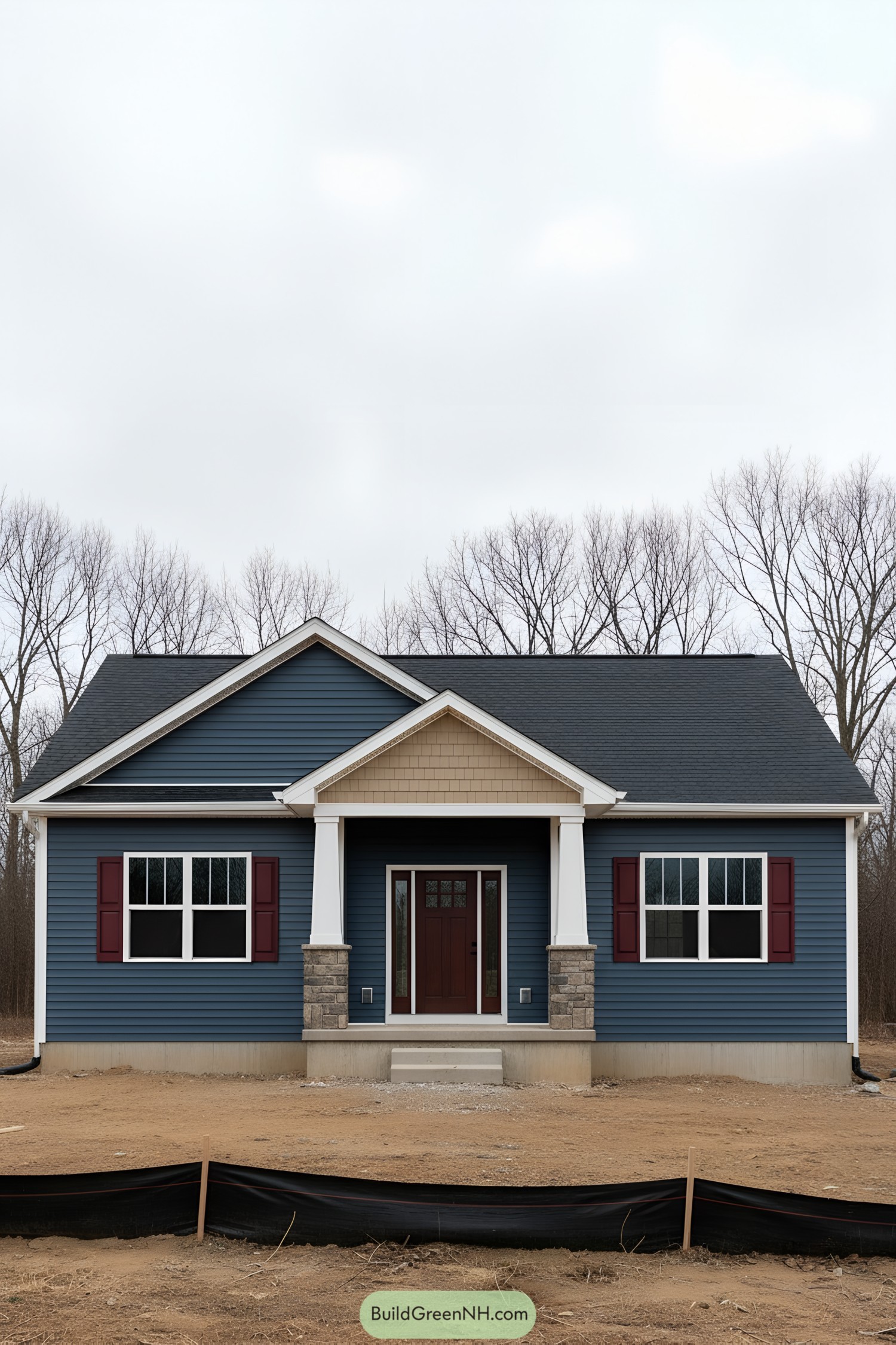 Blue ranch house with red shutters and gabled porch