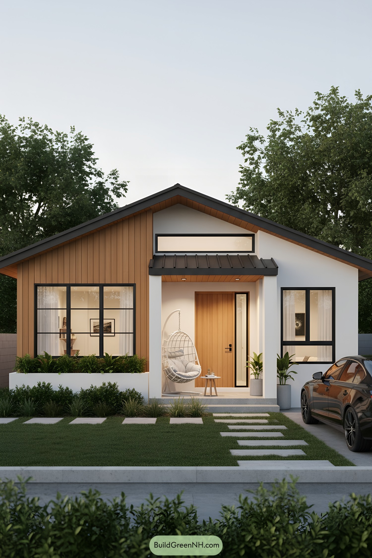 Contemporary bungalow with wood accents and a cozy porch swing