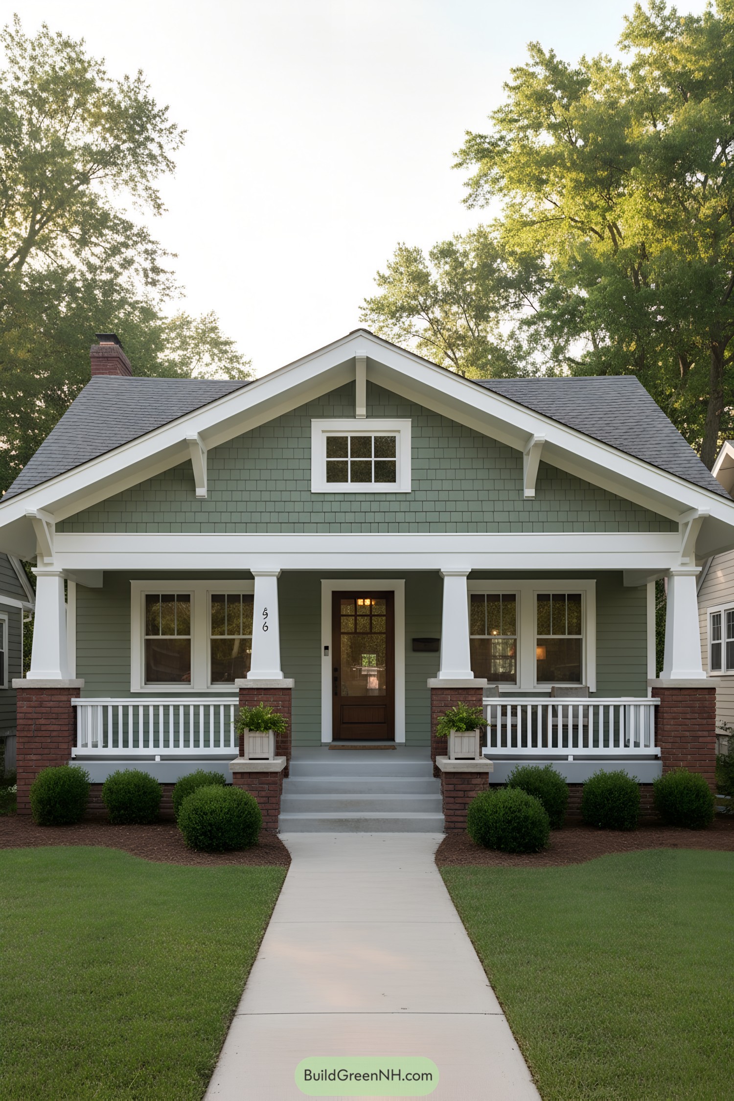 Green shingle bungalow with white trim and brick piers