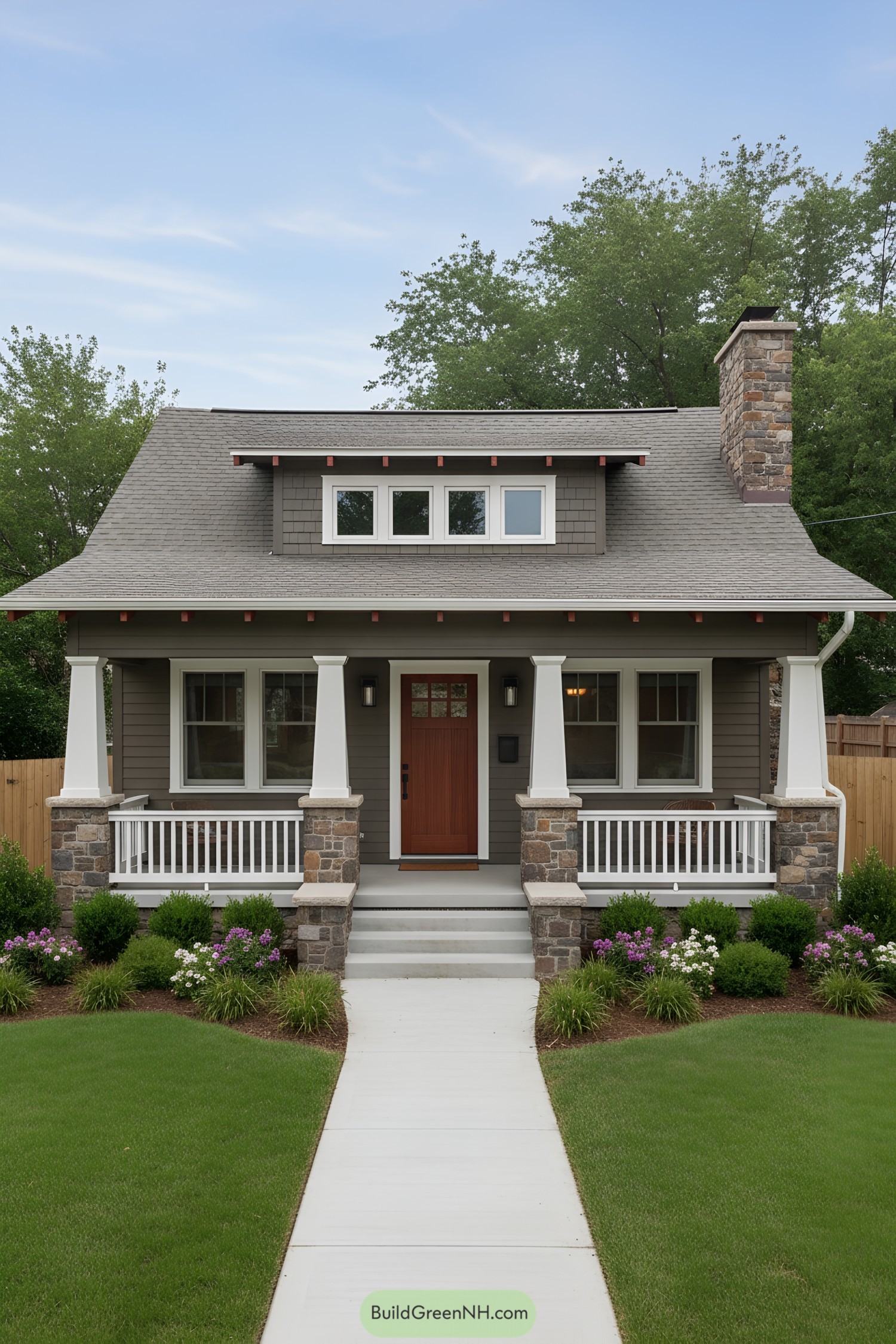 Craftsman bungalow with stone-based porch and dormer