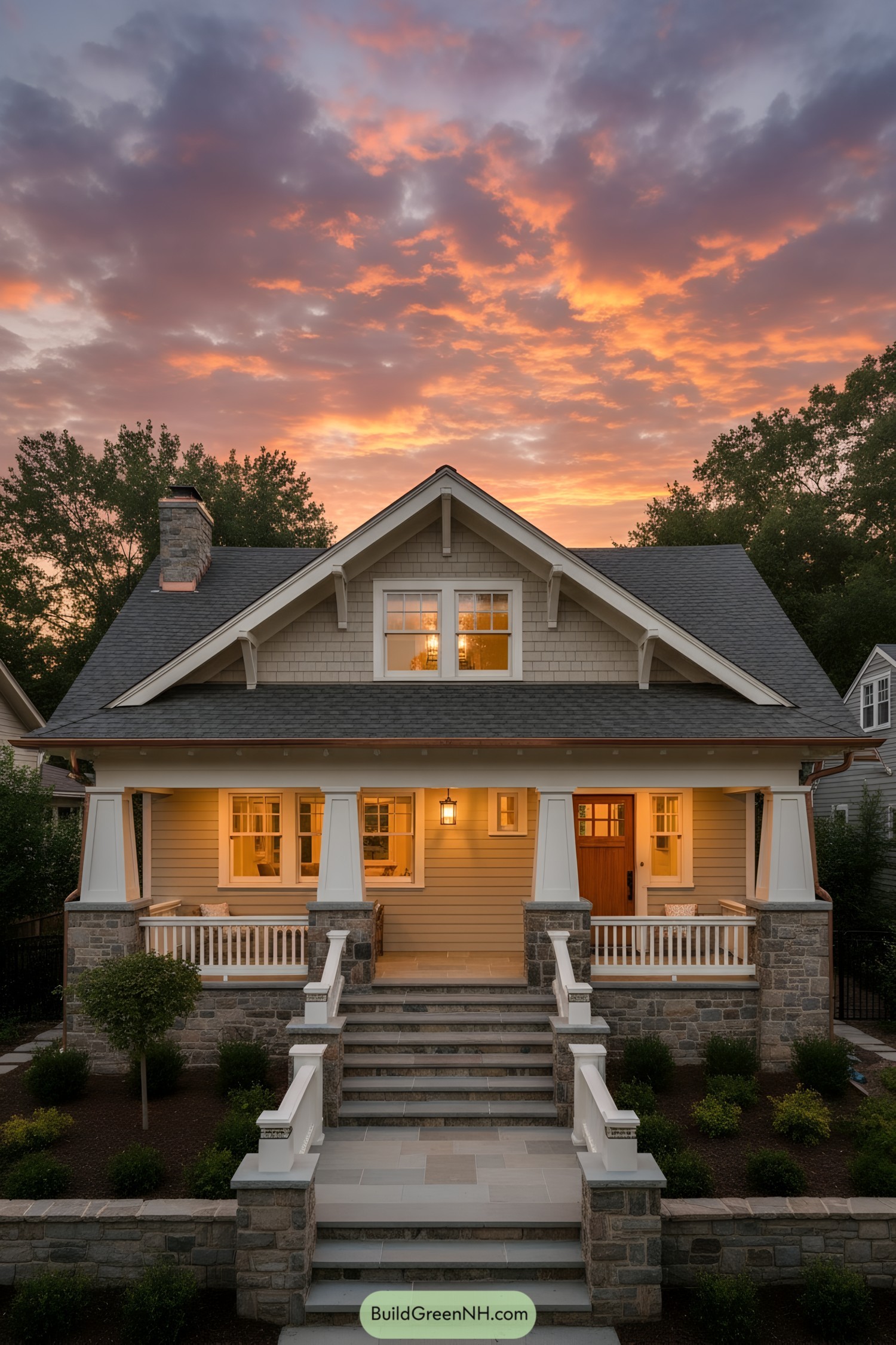 Craftsman bungalow with stone-base porch at sunset