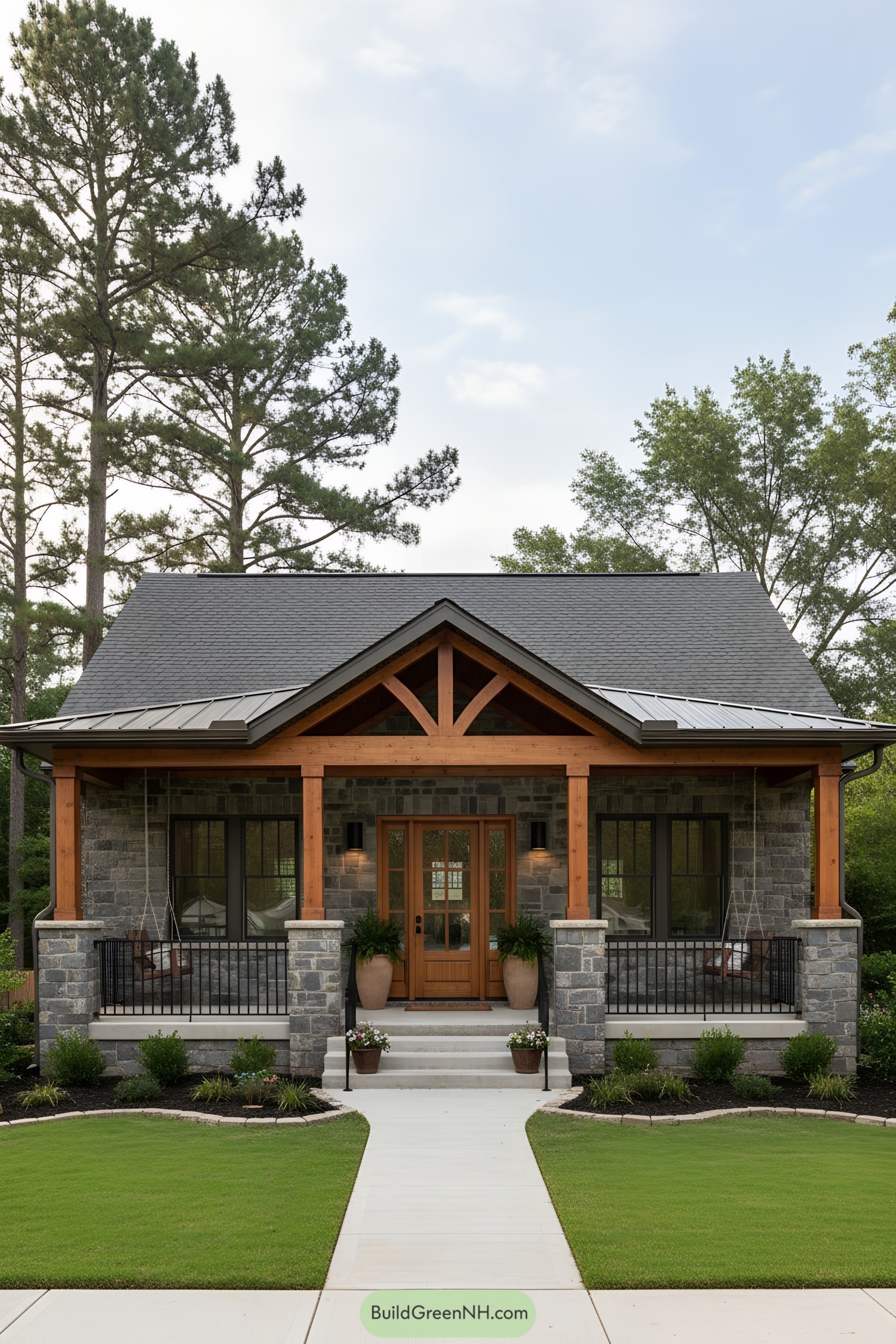 Stone-and-wood bungalow with deep porch and gable truss