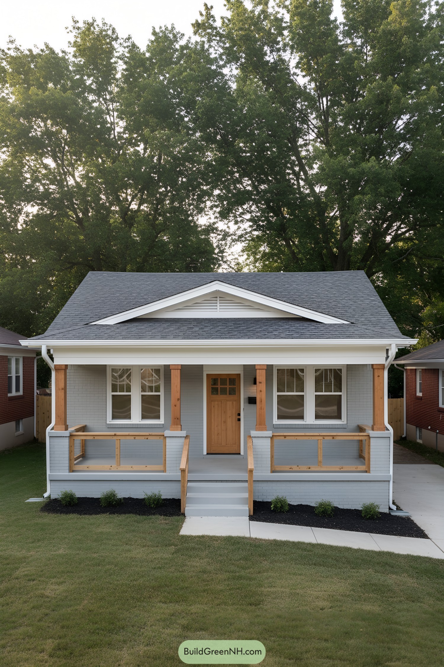 Compact gray bungalow with natural wood porch and gable roof