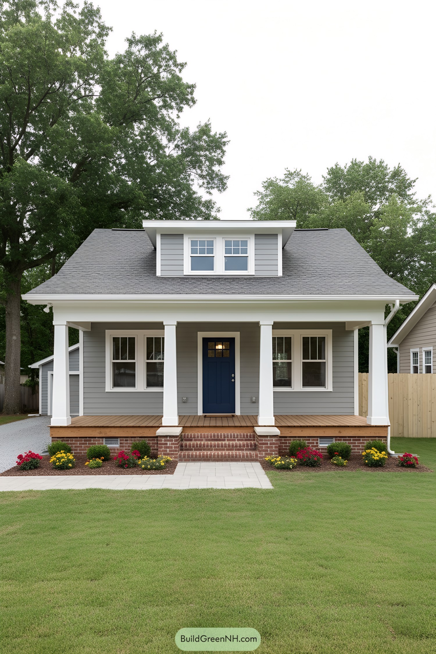 Gray bungalow with wide porch and dormer