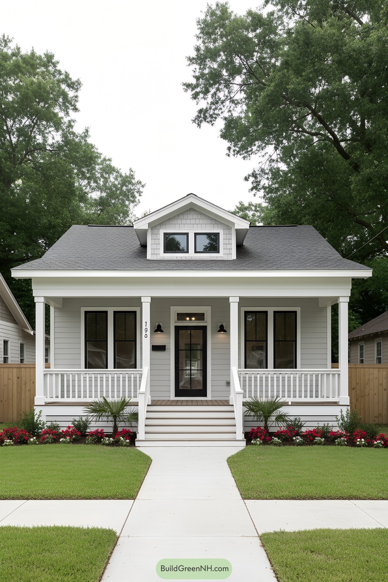 White bungalow with front porch and dormer