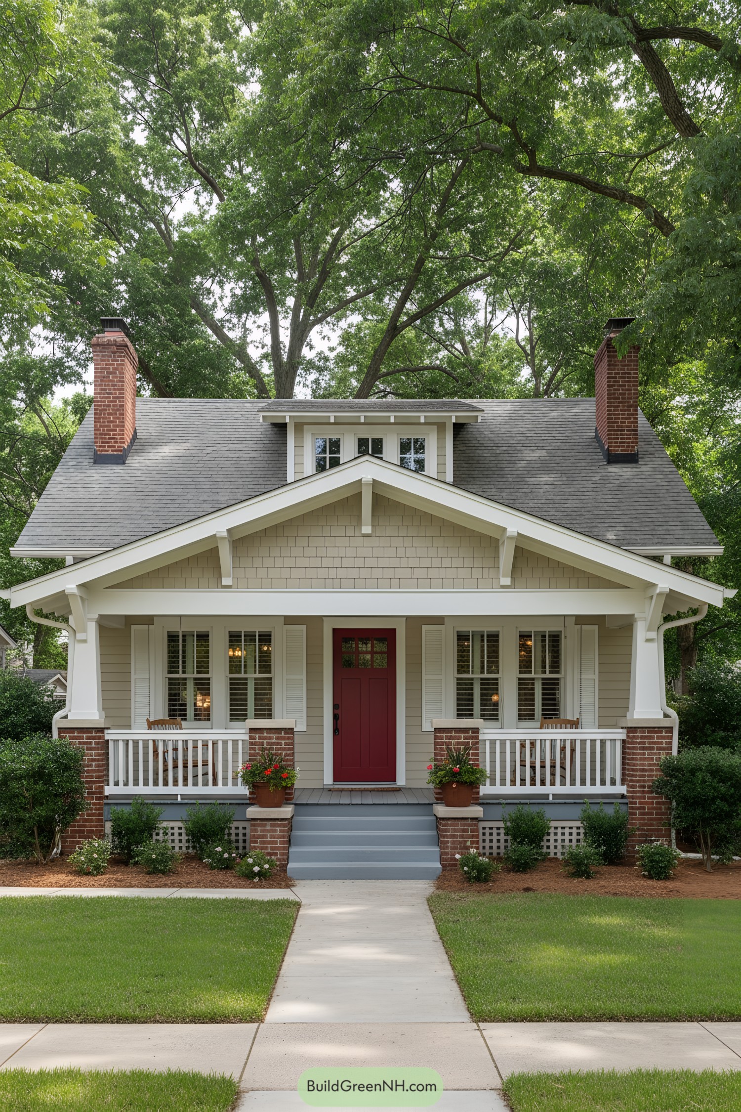 Front view of a bungalow with red door and deep porch