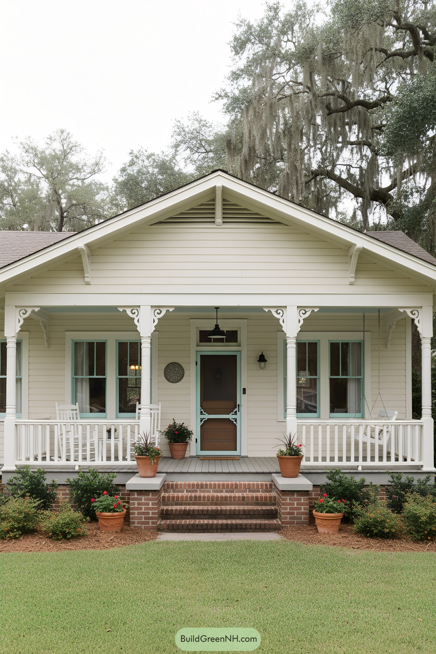 Cream clapboard bungalow with mint trim and a welcoming front porch