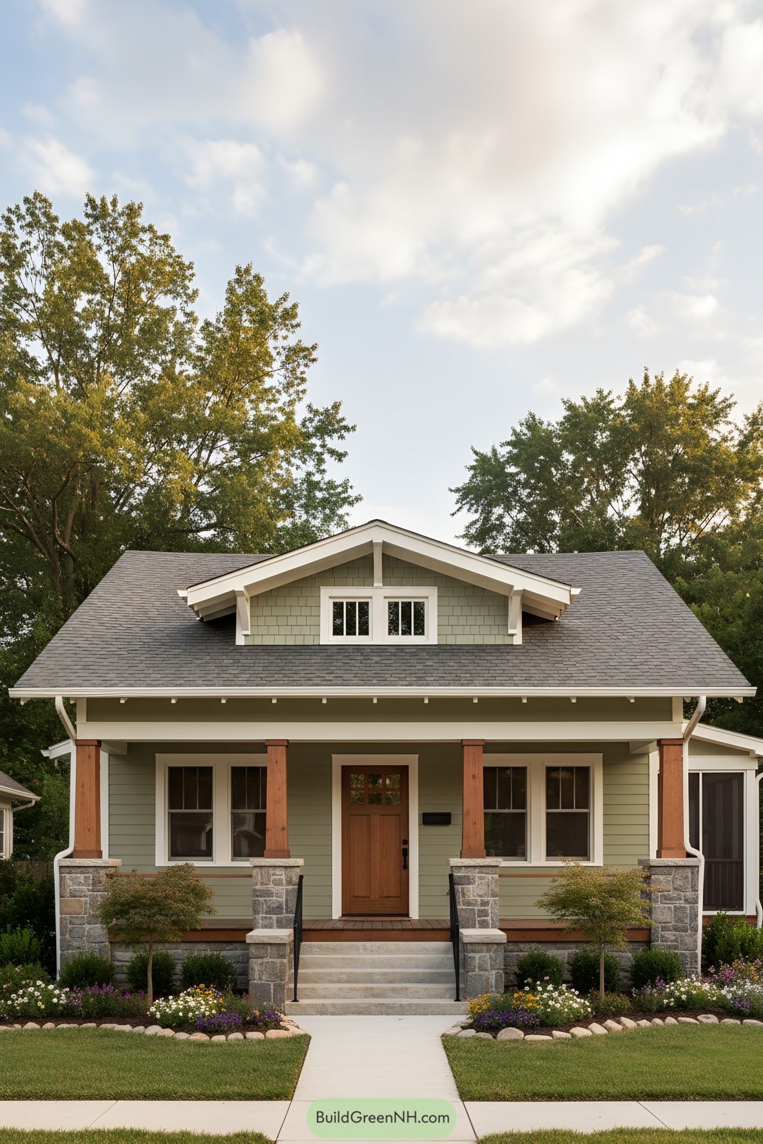 Green craftsman bungalow with stone-based porch