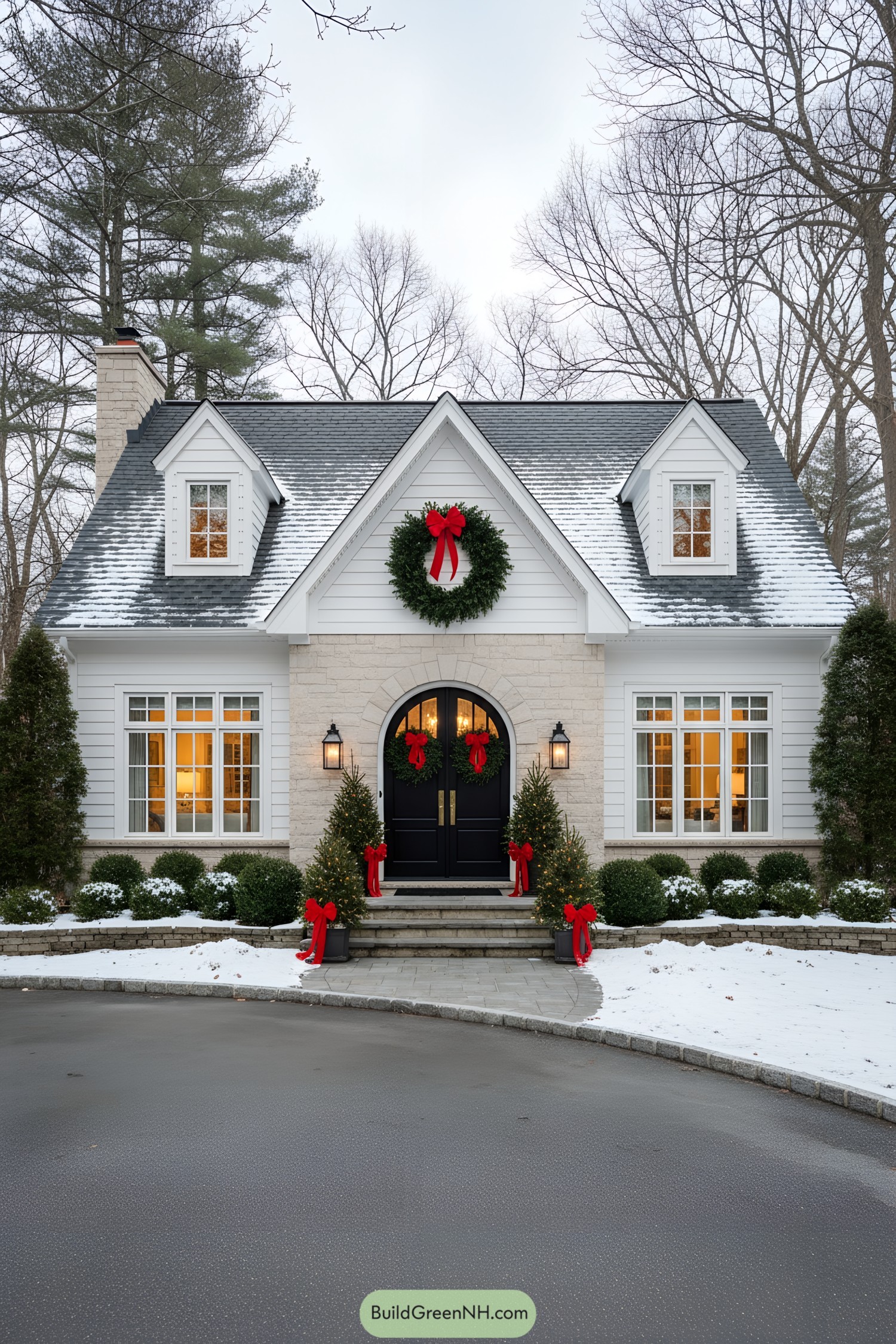 White cottage with black double doors, large wreath, dormers, and red-bowed evergreens flanking a snowy front entry