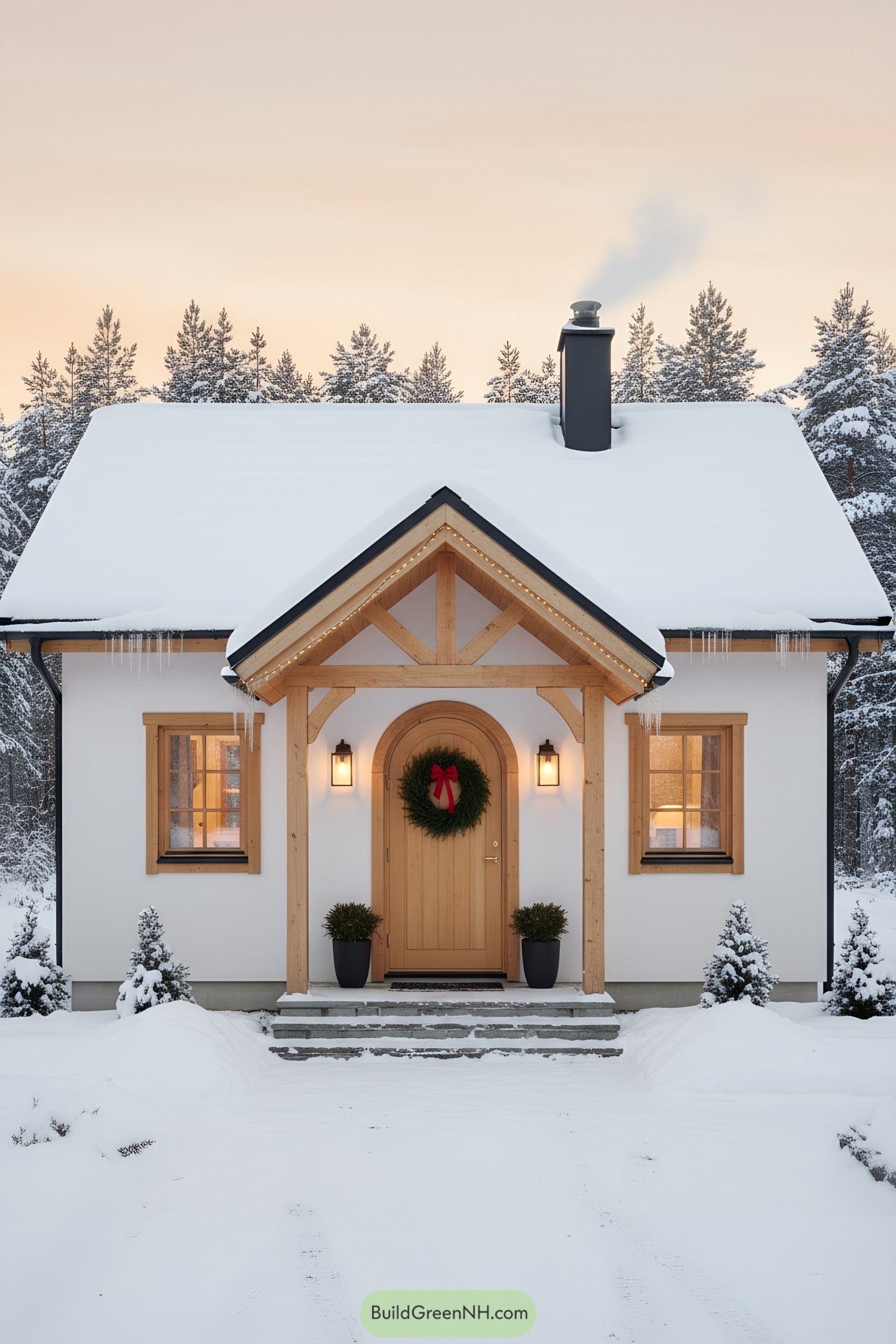 Small cottage with snowy gable porch and wreath