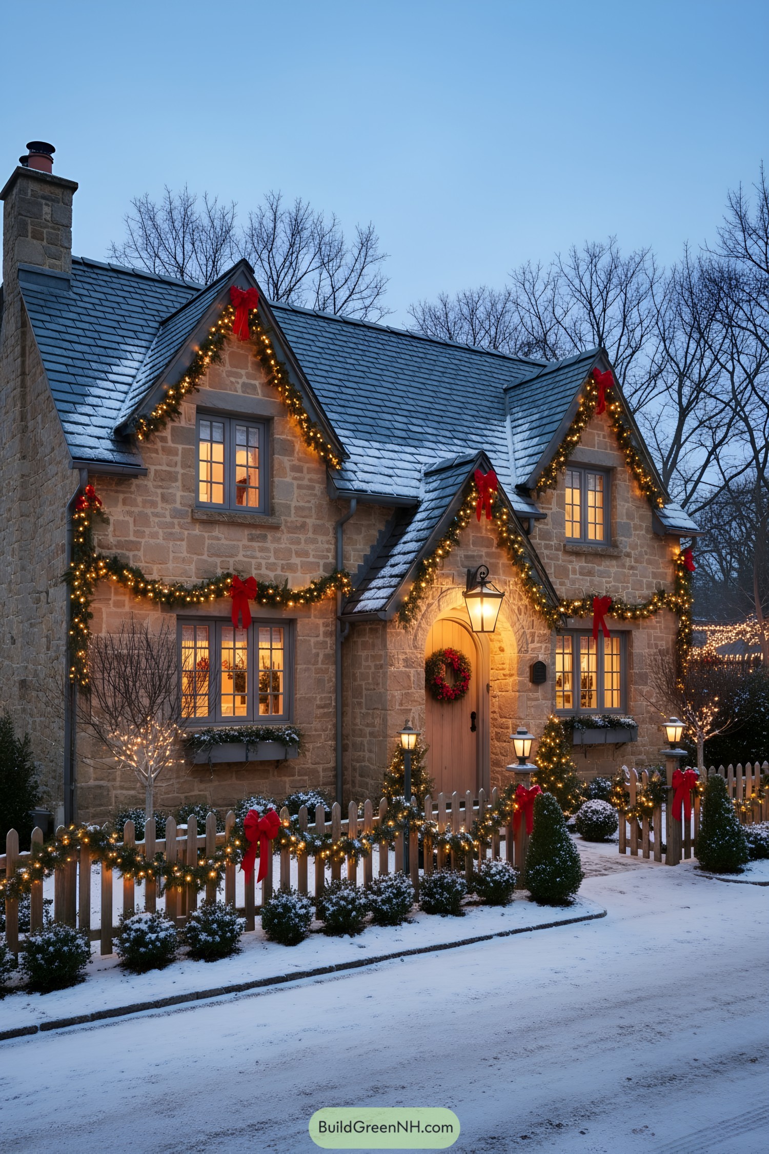 Cozy stone cottage with garlands lights and red bows