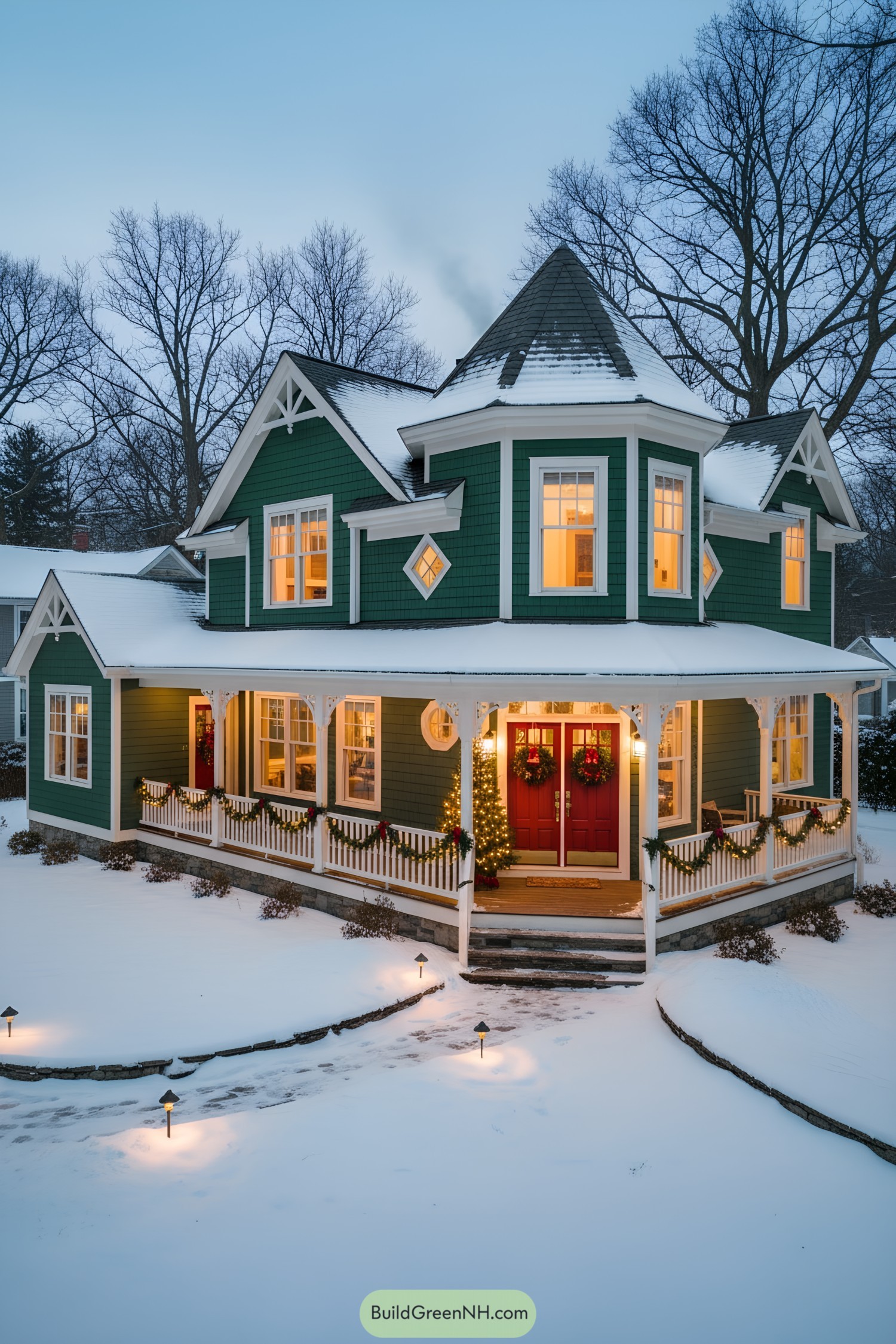 Green cottage with turret, wraparound porch, and Christmas garlands in snow