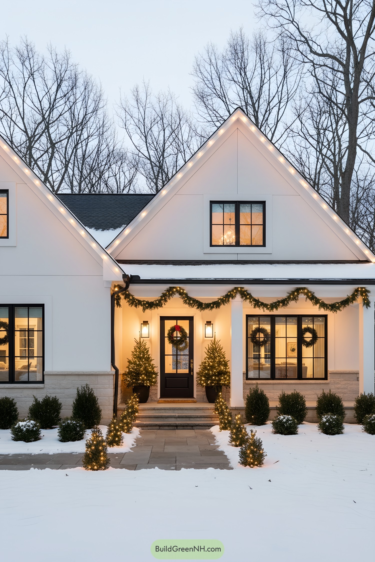 Modern cottage with warm lights and garlands