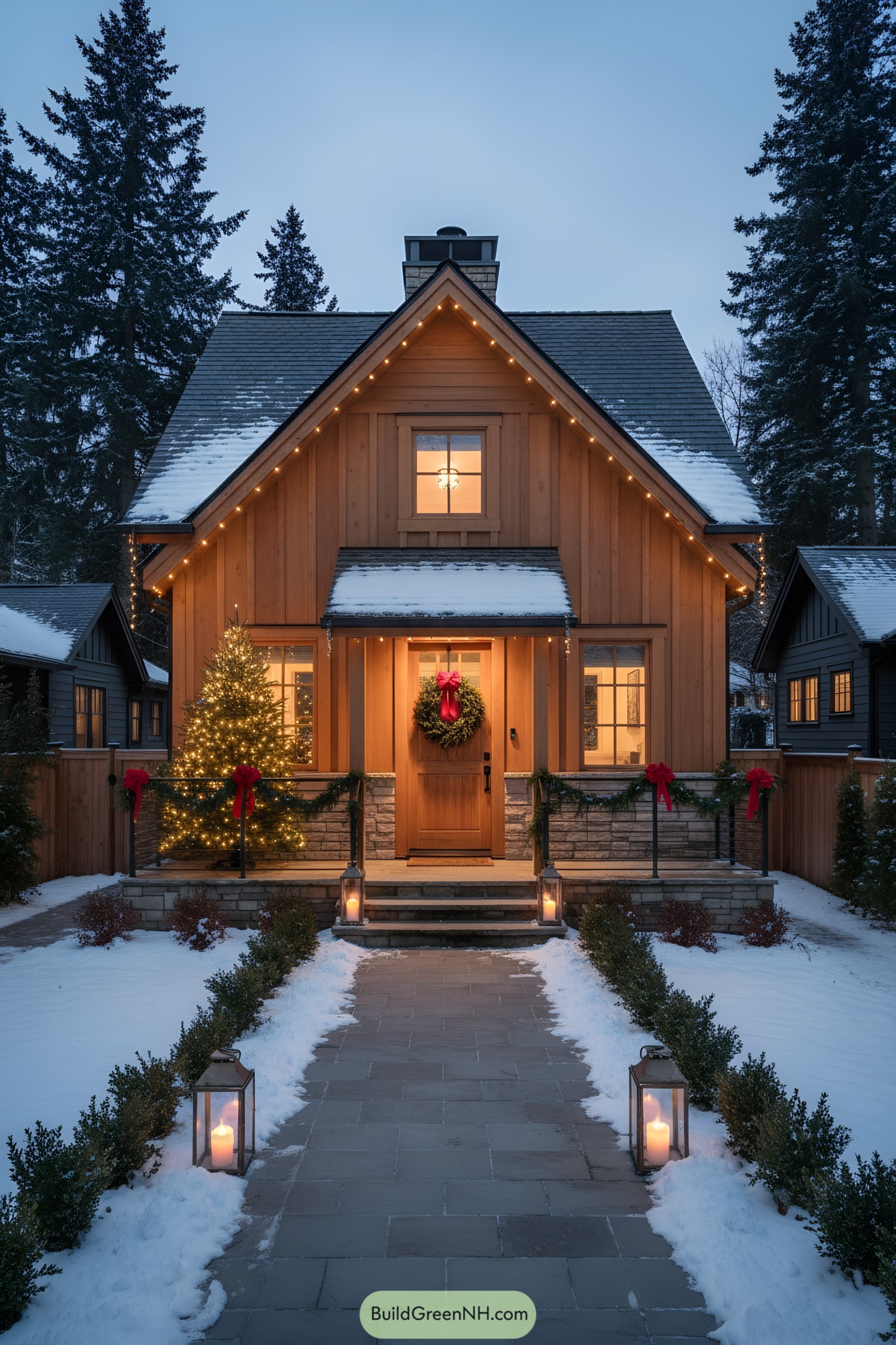 Warm-lit cedar cottage with wreath, garlands, and snowy path lined by lanterns
