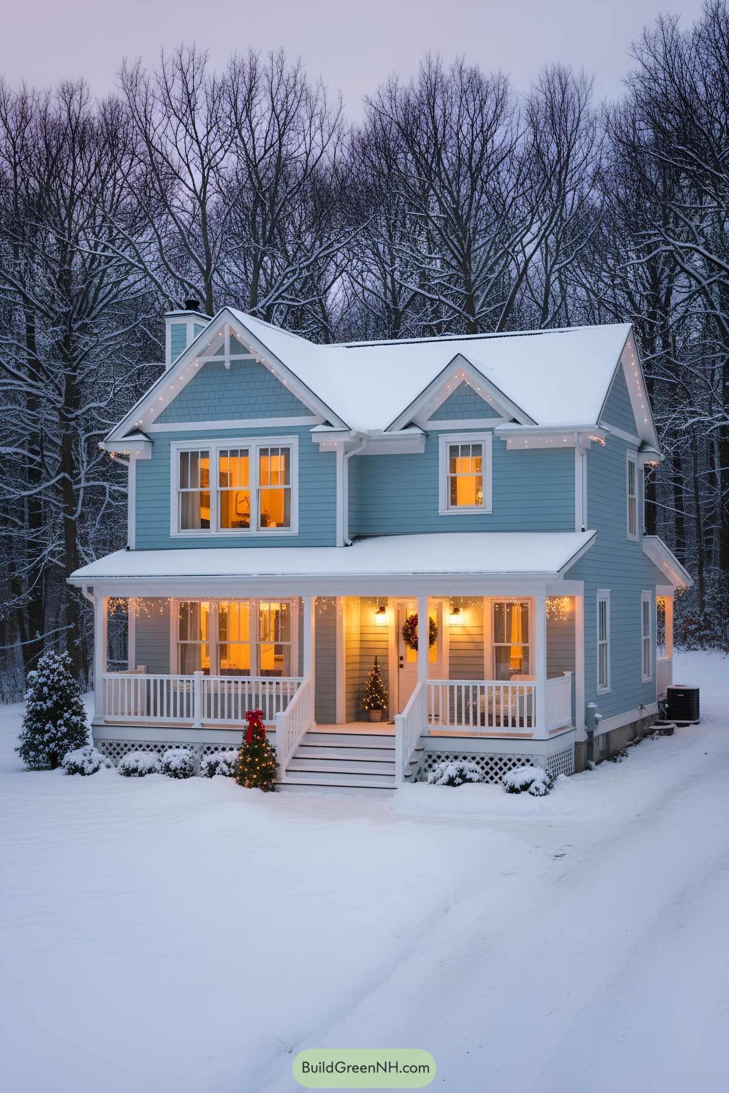 Light-blue cottage with warm porch glow and twinkle lights in a snowy forest setting