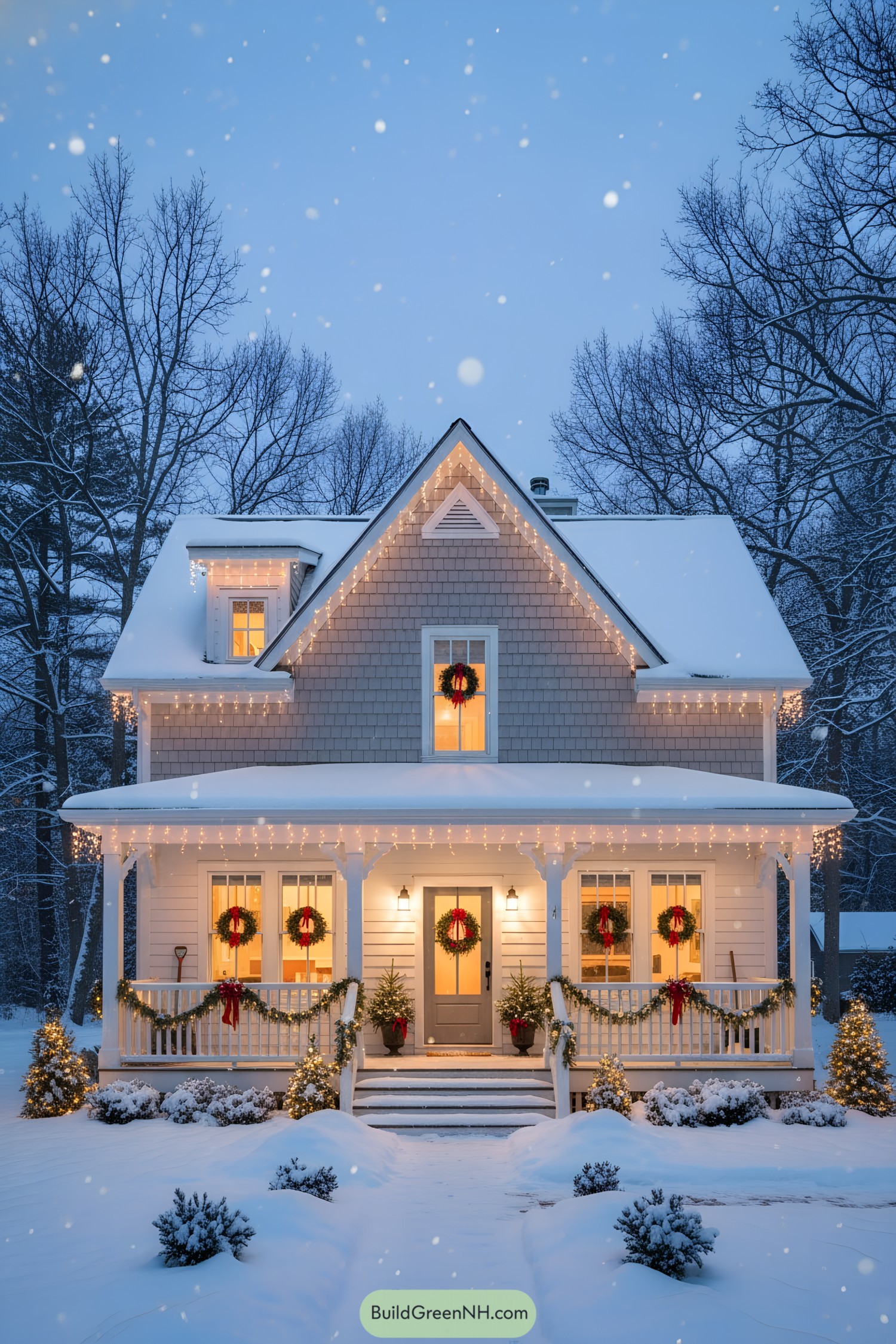 Snowy cottage with wreaths and warm lights