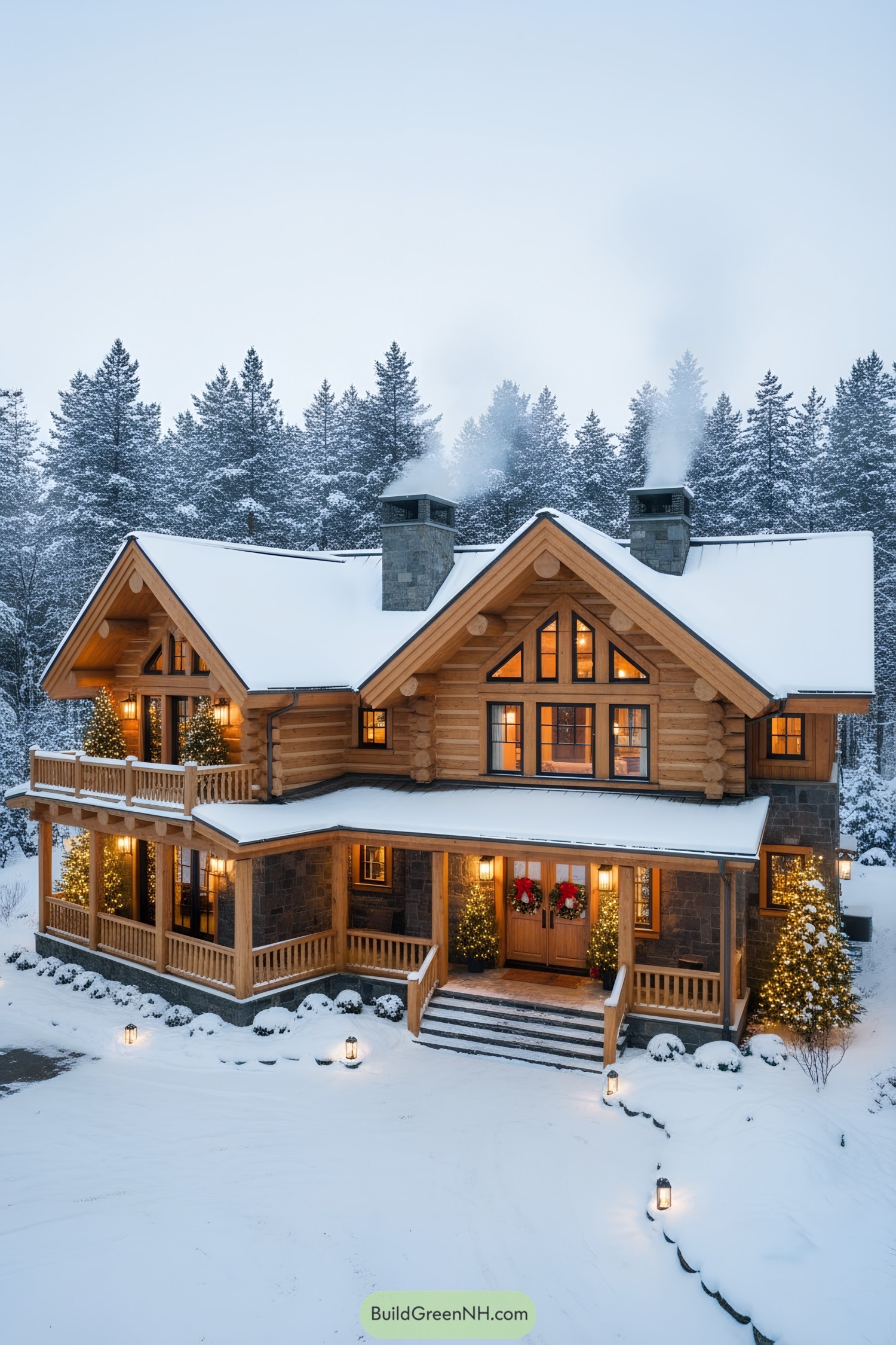Snowy log-and-stone cottage glowing with wreaths and lights