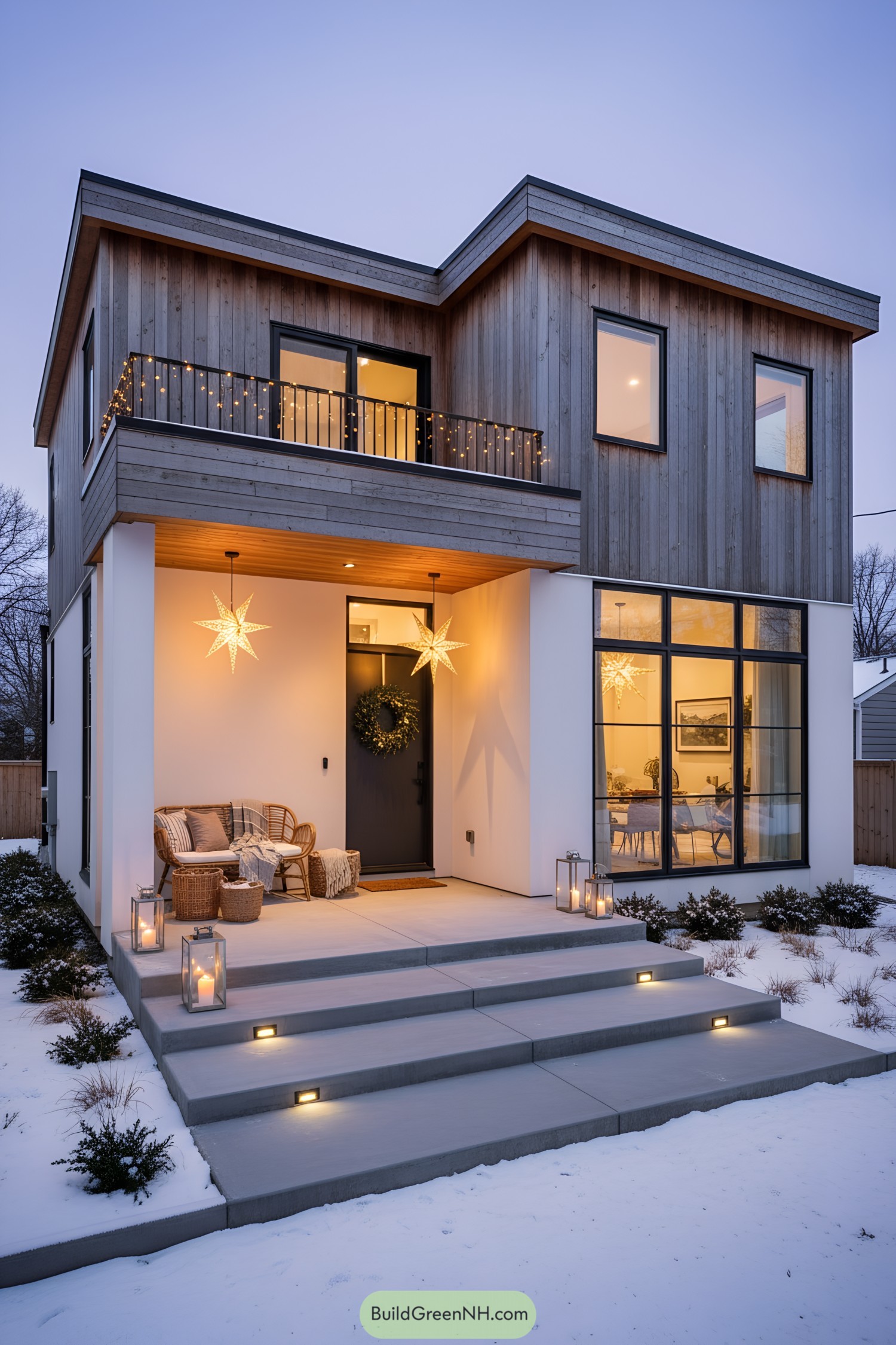 Modern two-story cottage with wood cladding, large windows, and glowing star pendants over a cozy holiday porch