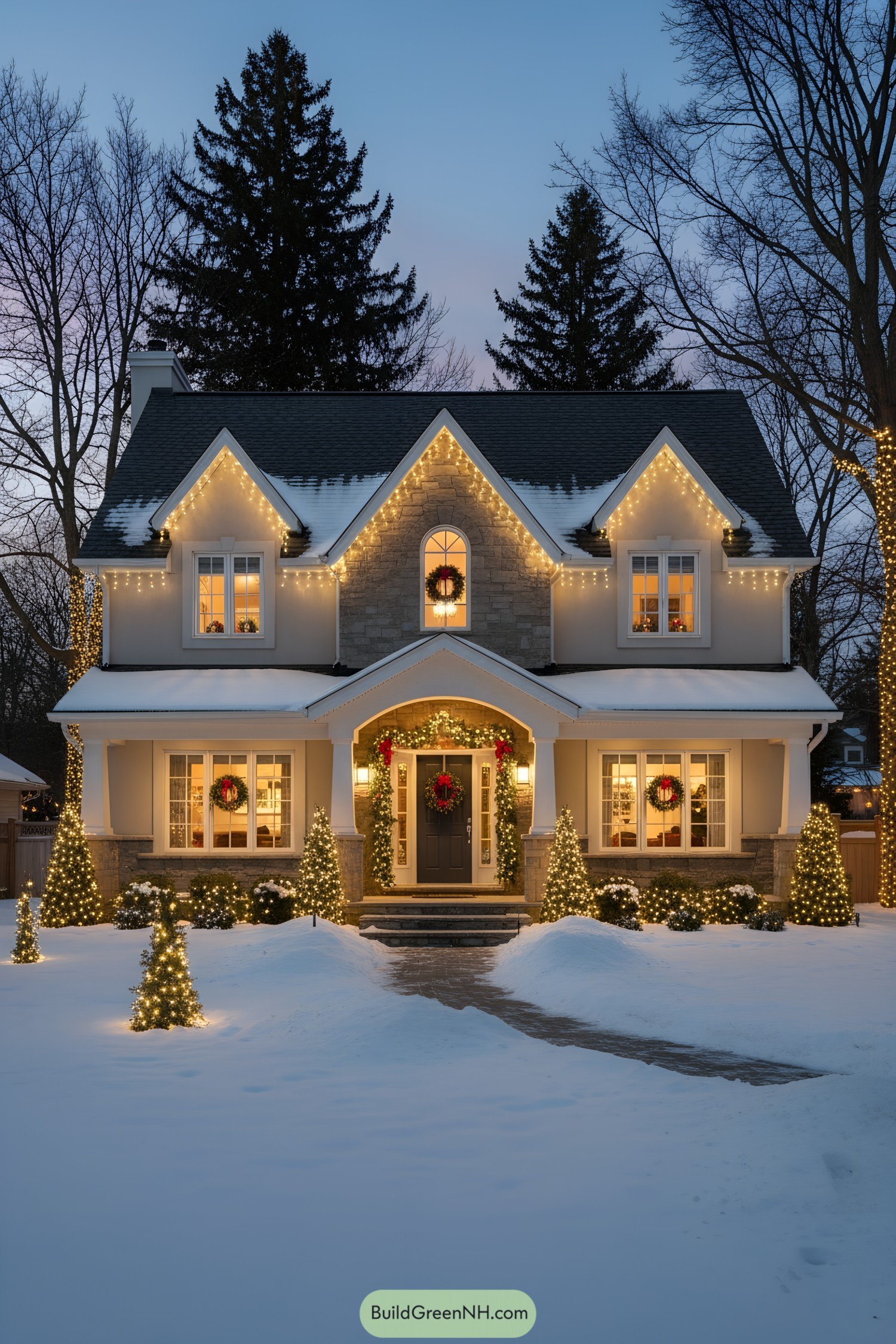 Cozy two-story cottage with warm white holiday lights, wreaths, and lit topiary trees in a snowy yard at dusk