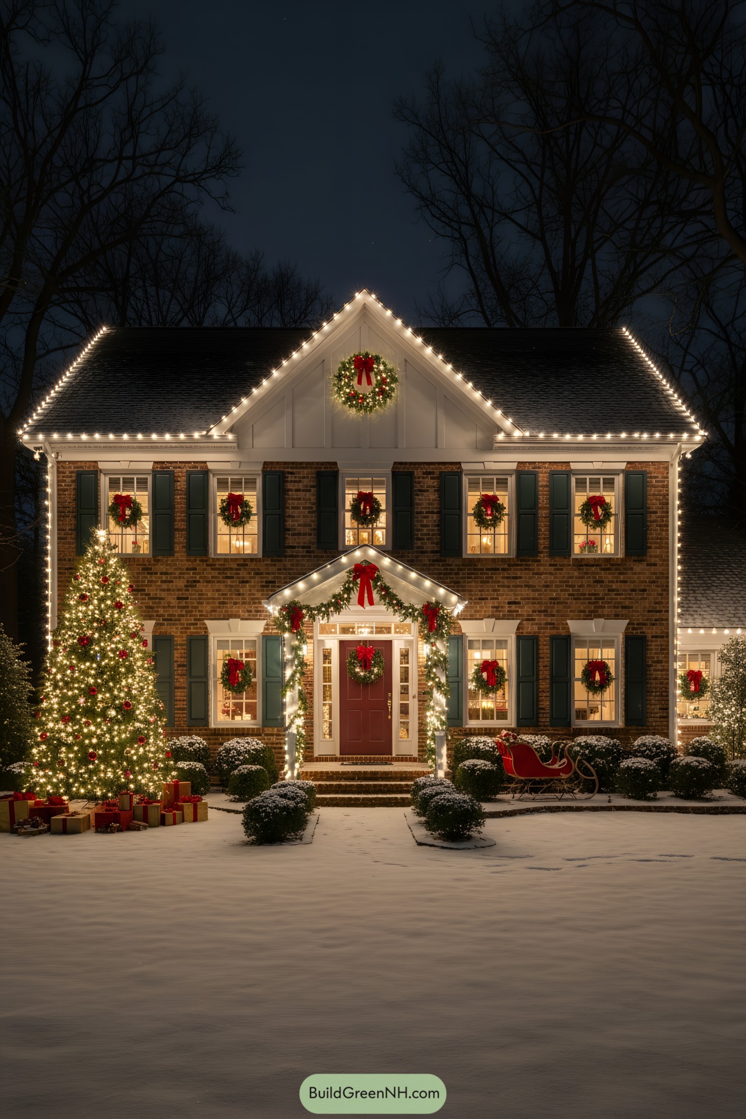 Two-story brick cottage with white gable trim, string lights, and red wreath accents in snowy yard