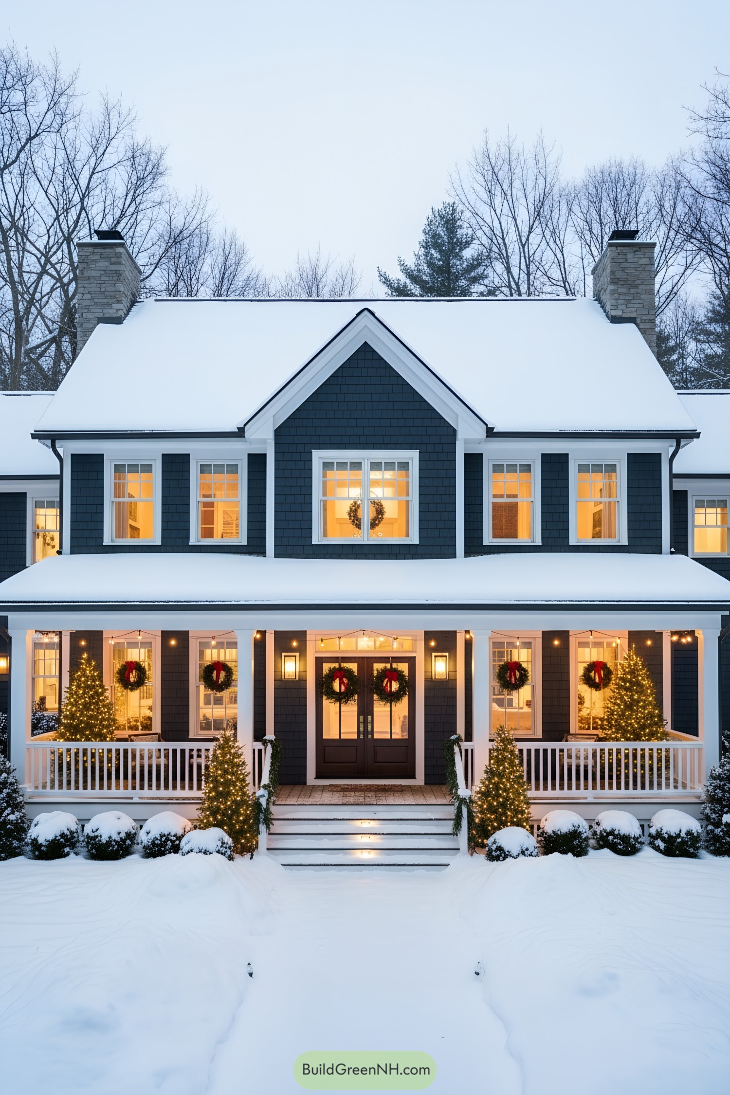 Snowy cottage with wreaths and warm lights