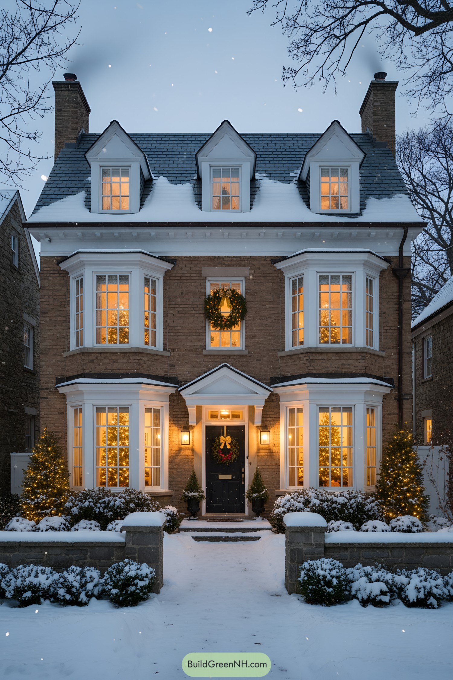 Brick townhouse with snow, glowing bay windows, wreaths, and lit evergreens by the entry